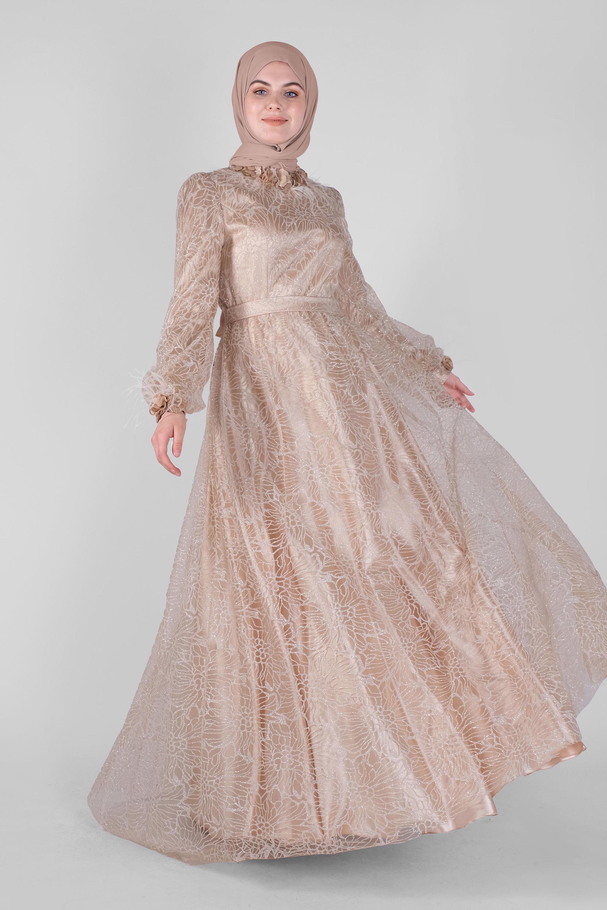 Tesettür giyim BEJ SİMLİ ÜÇ BOYUTLU ÇİÇEKLİ ABİYE ELBİSE  50015