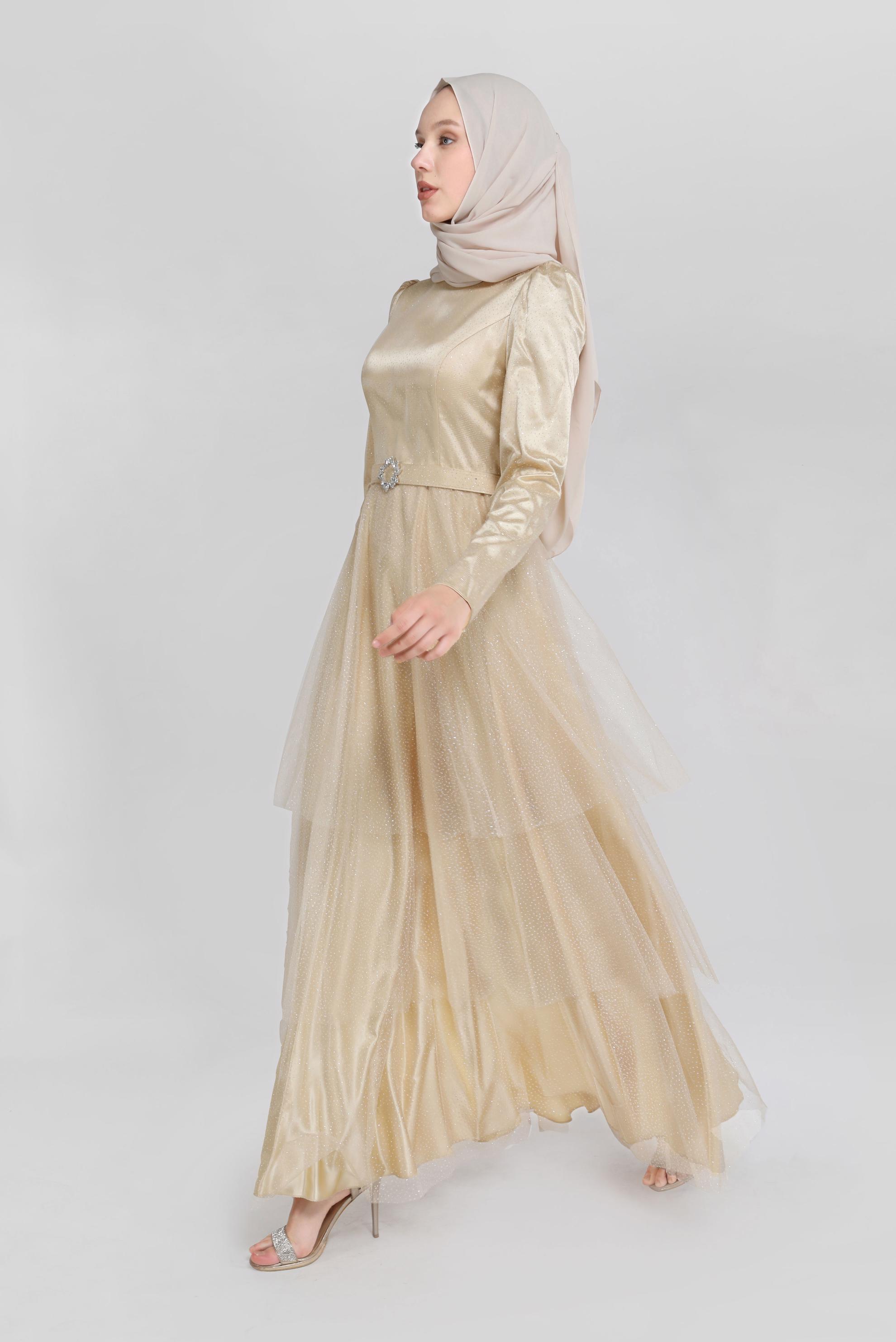 Tesettür giyim ALTIN PARLAK TÜL ABİYE ELBİSE 50021 