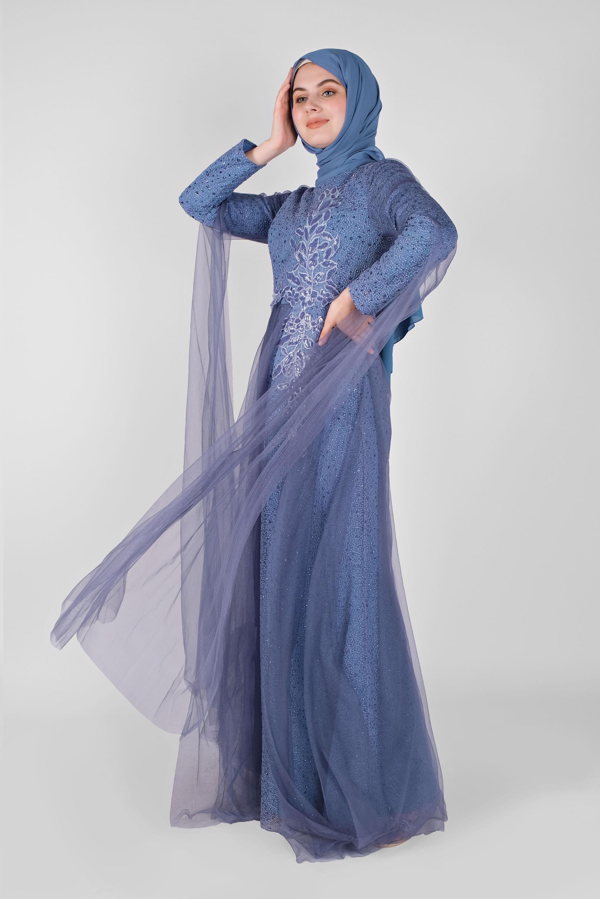 Tesettür giyim LACİVERT TAŞLI ABİYE ELBİSE 50036