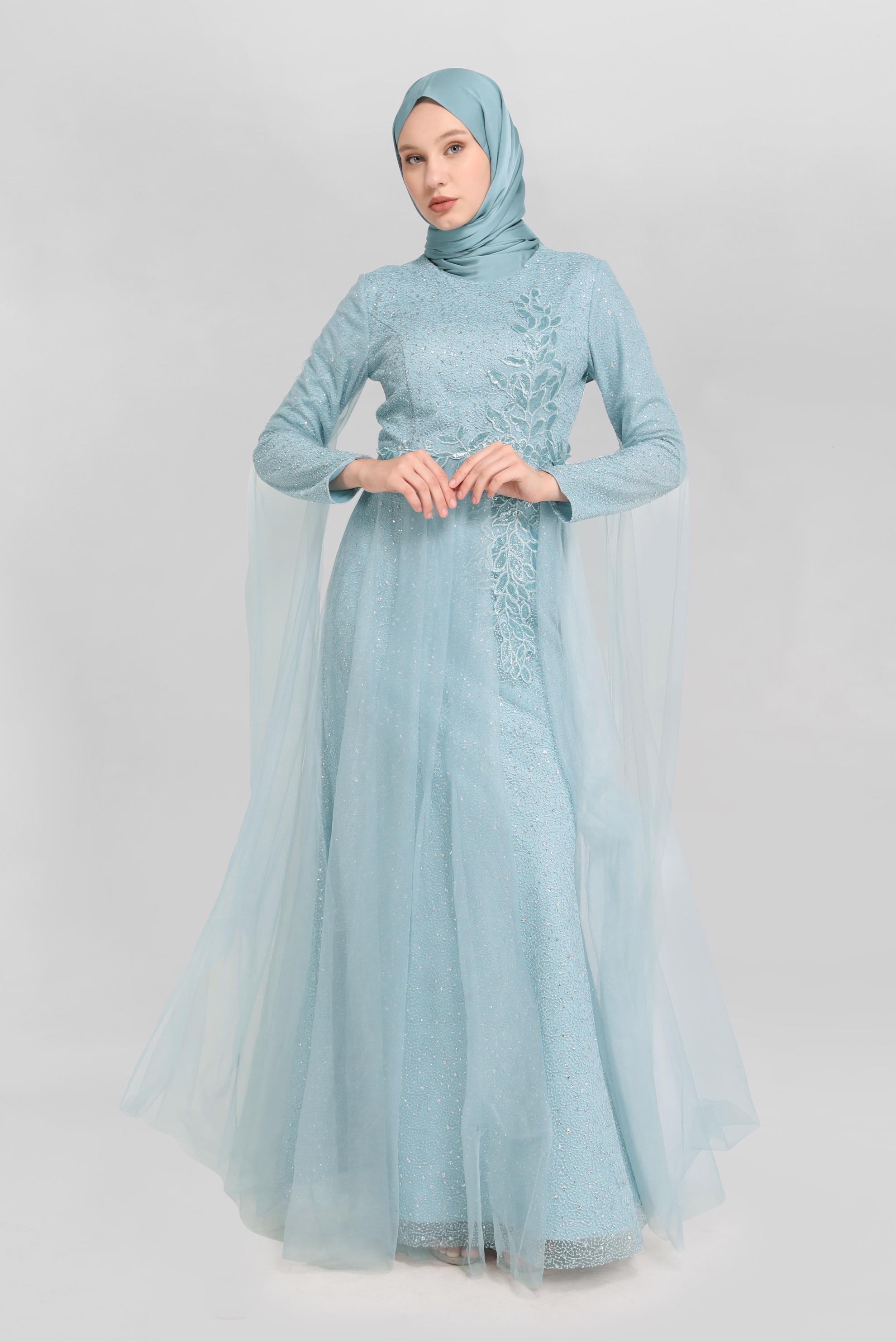 Tesettür giyim MAVİ TAŞLI ABİYE ELBİSE 50036