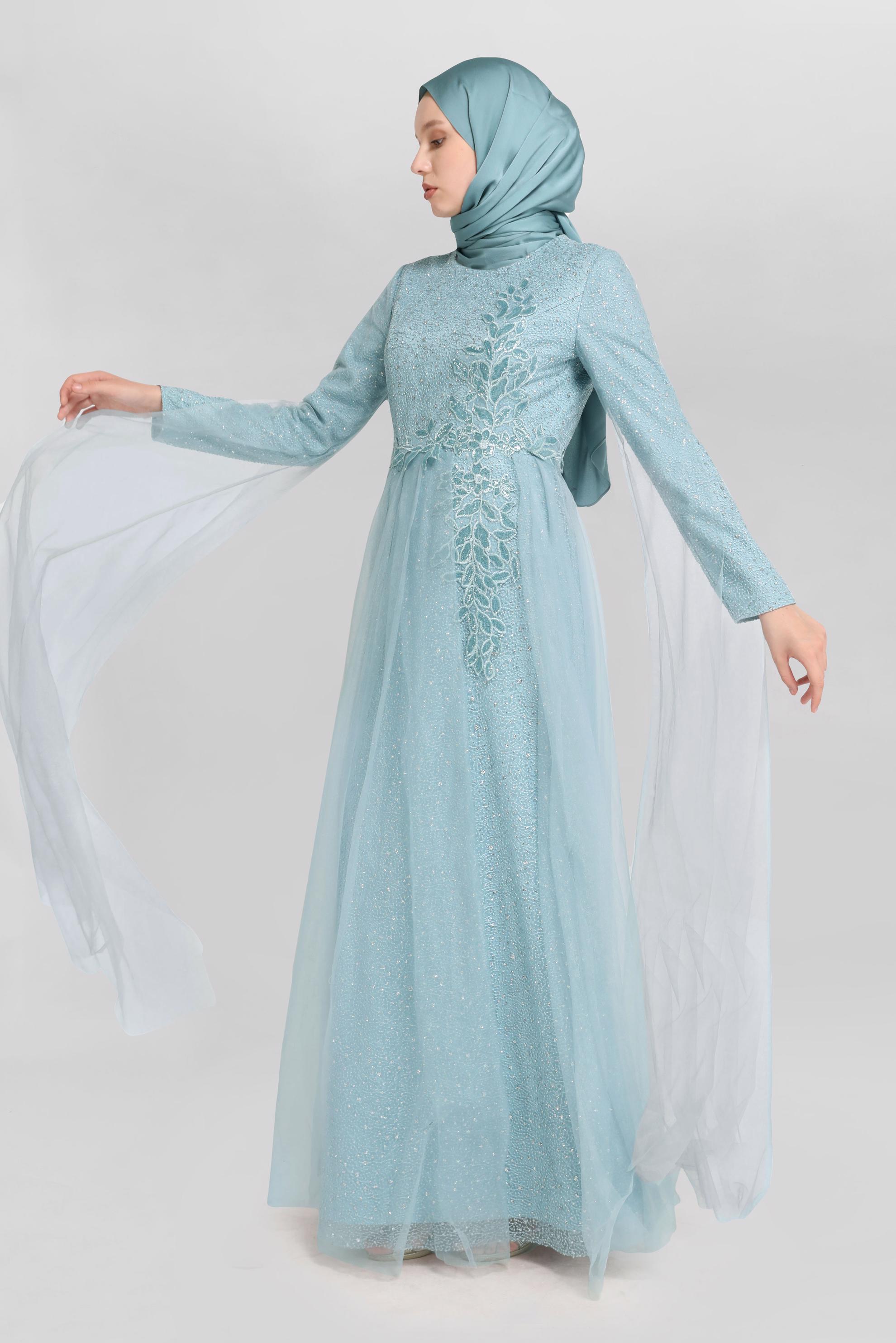 Tesettür giyim MAVİ TAŞLI ABİYE ELBİSE 50036