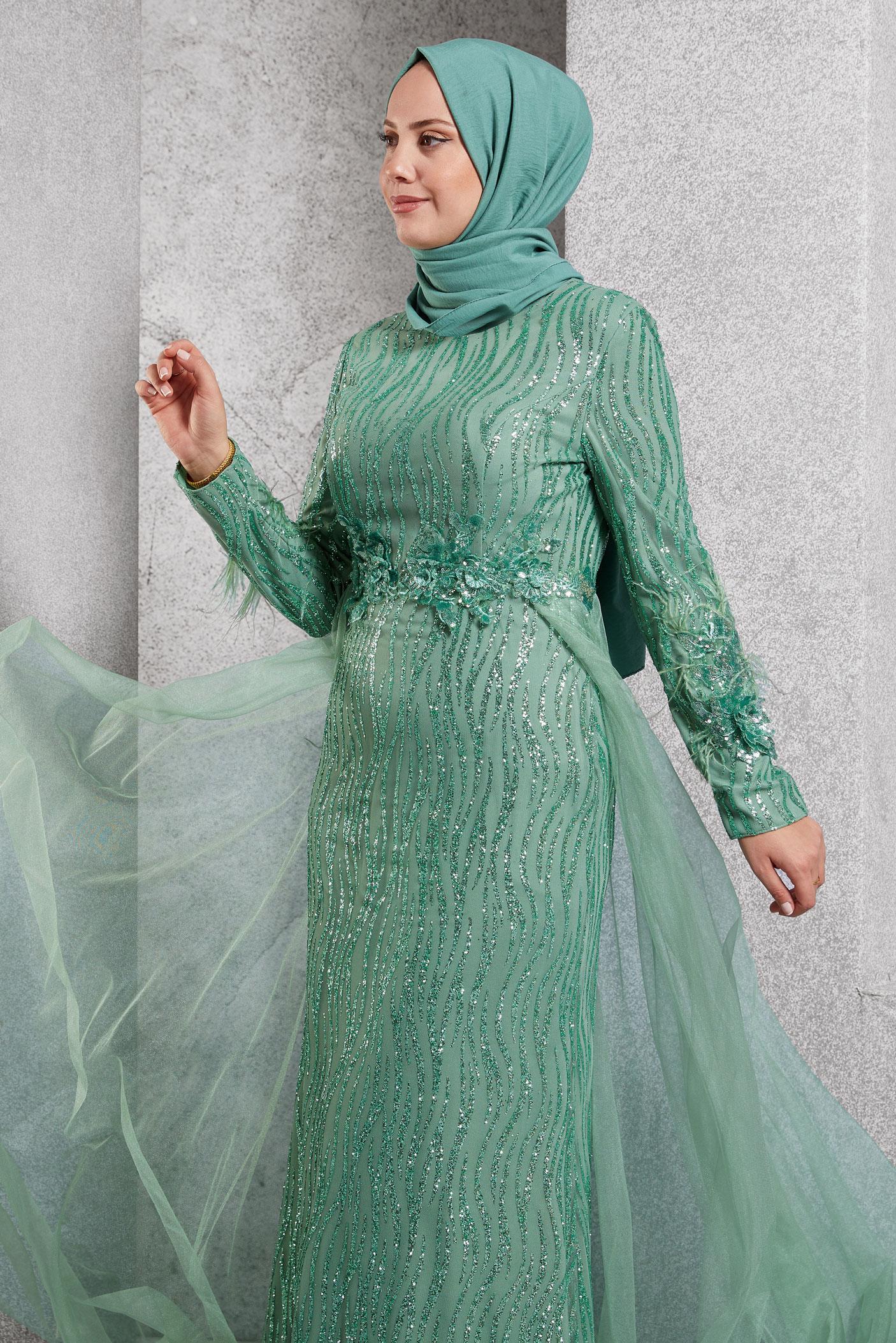 Tesettür giyim YEŞİL PAMUKLU ZEBRA DESEN TÜL VE SİMLİ ABİYE ELBİSE 50038