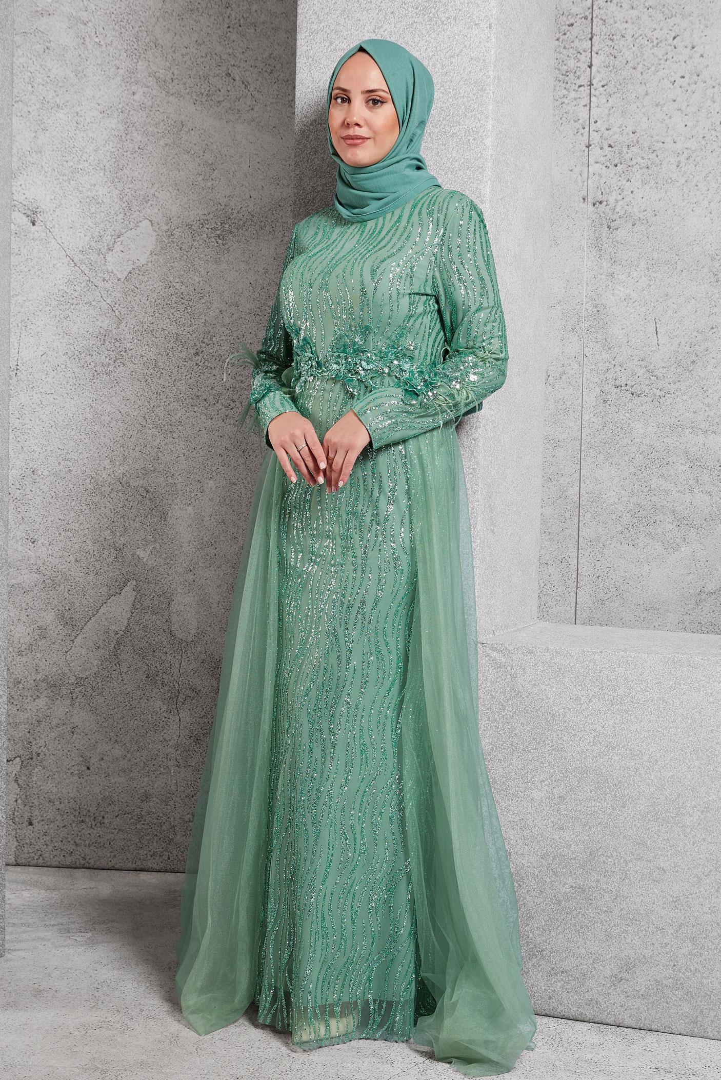 Tesettür giyim YEŞİL PAMUKLU ZEBRA DESEN TÜL VE SİMLİ ABİYE ELBİSE 50038