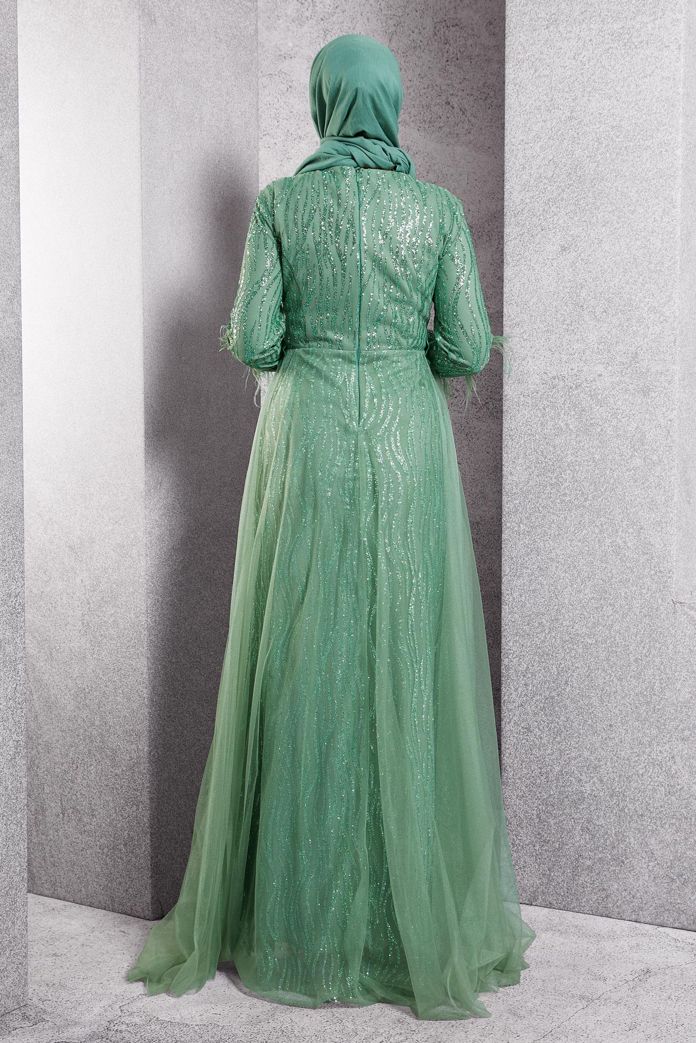 Tesettür giyim YEŞİL PAMUKLU ZEBRA DESEN TÜL VE SİMLİ ABİYE ELBİSE 50038