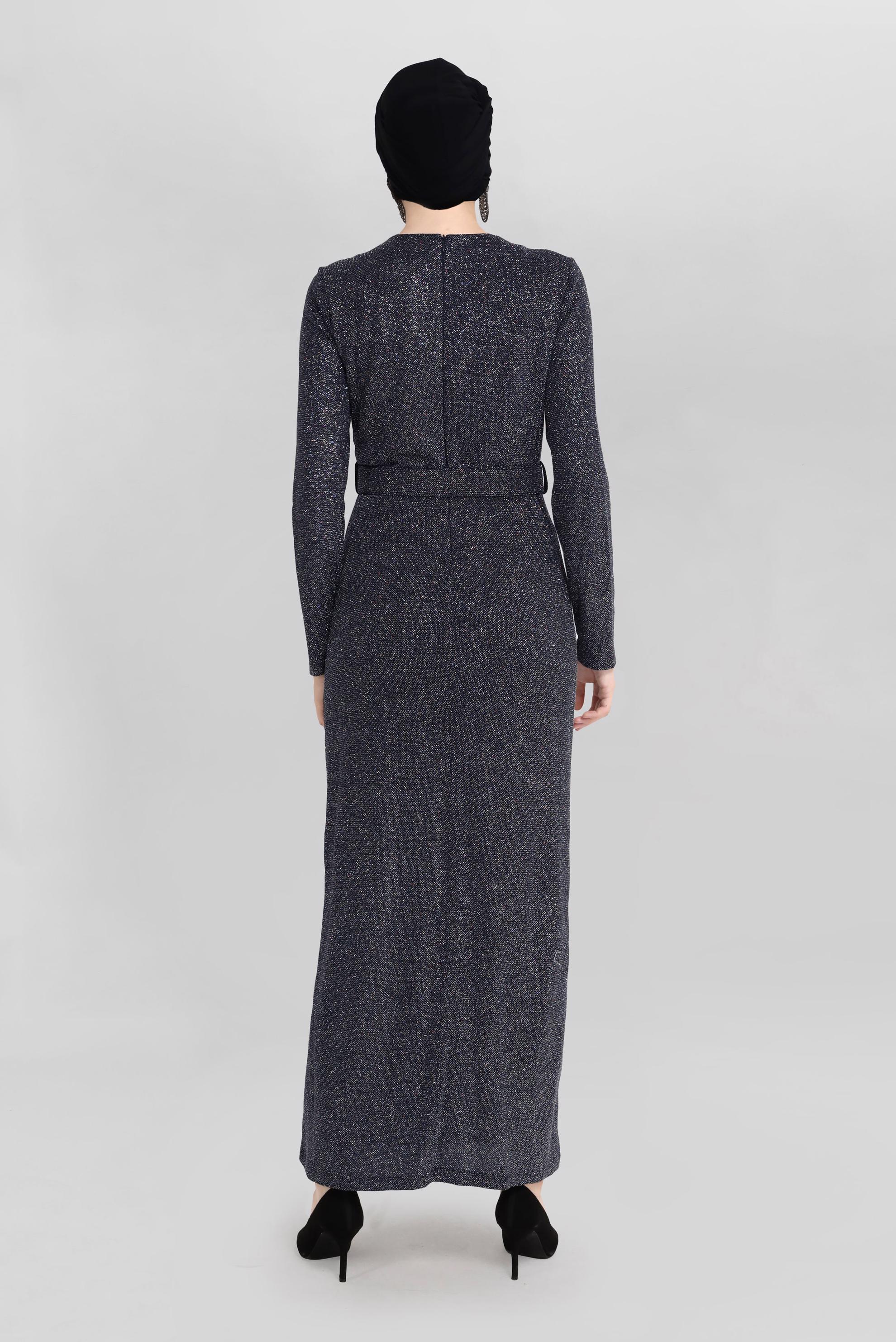 Tesettür giyim LACİVERT KUŞAK DETAYLI SİMLİ ABİYE ELBİSE 50043 