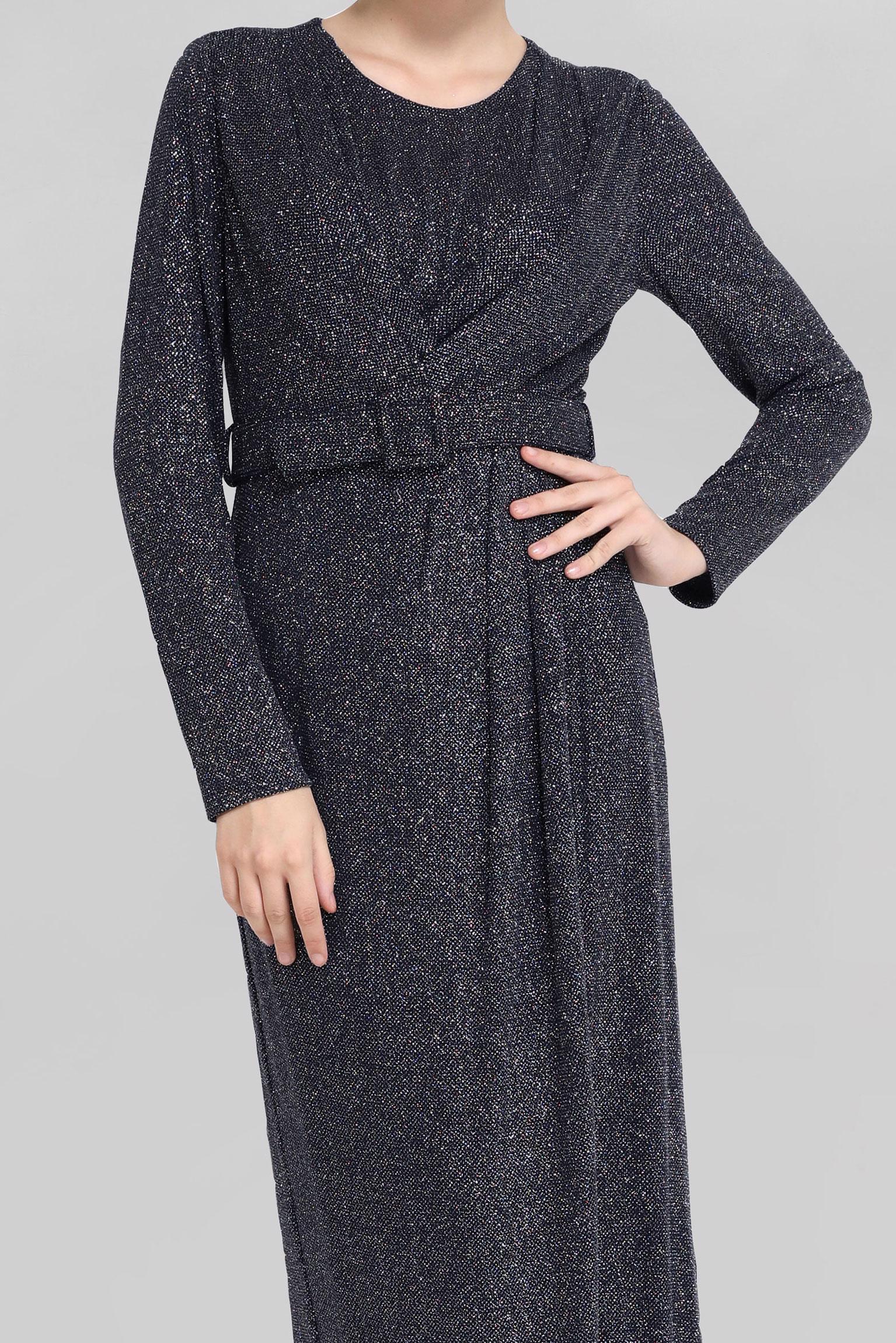 Tesettür giyim LACİVERT KUŞAK DETAYLI SİMLİ ABİYE ELBİSE 50043 