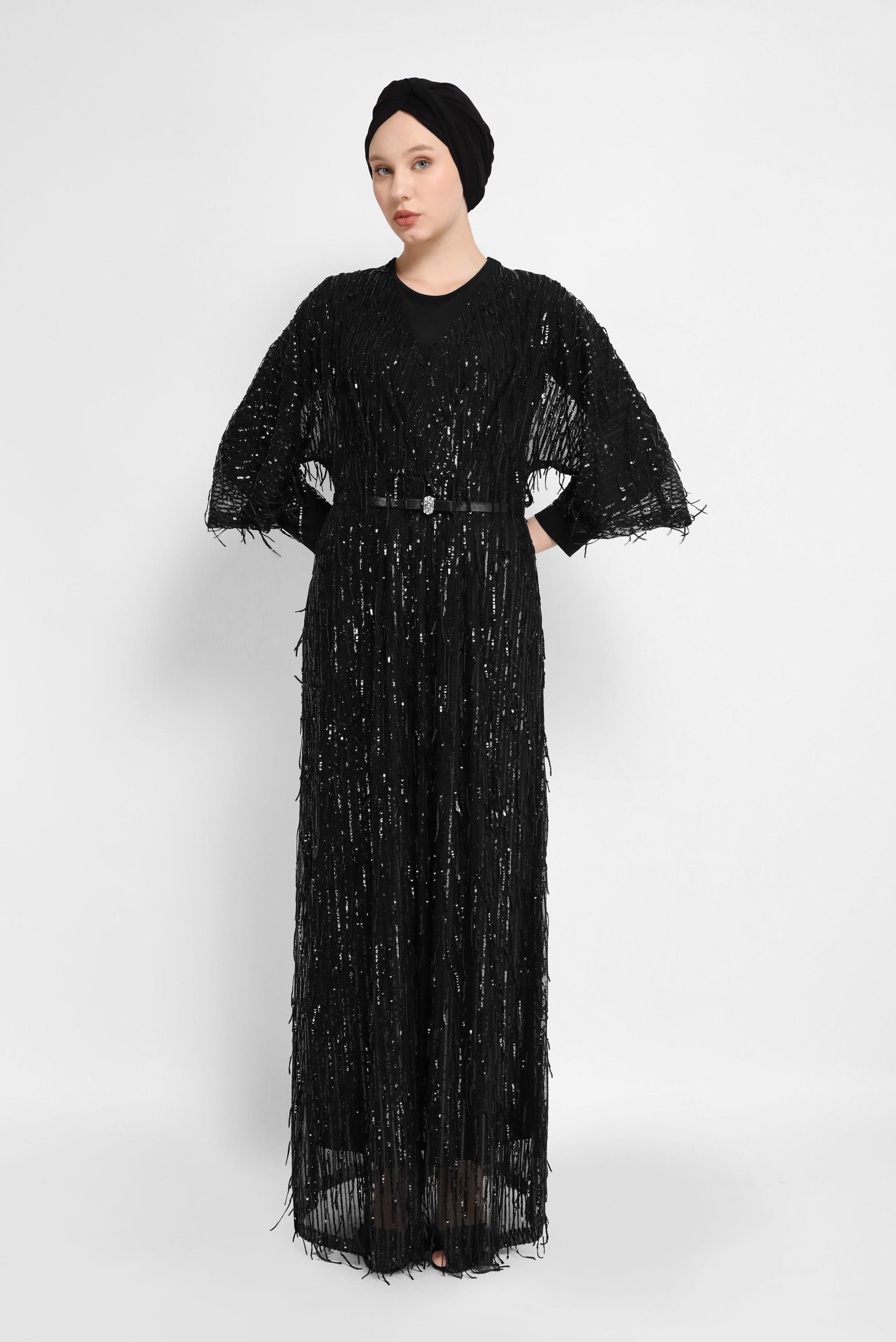 Tesettür giyim SİYAH PULLU İKİLİ ABİYE ELBİSE 50044 