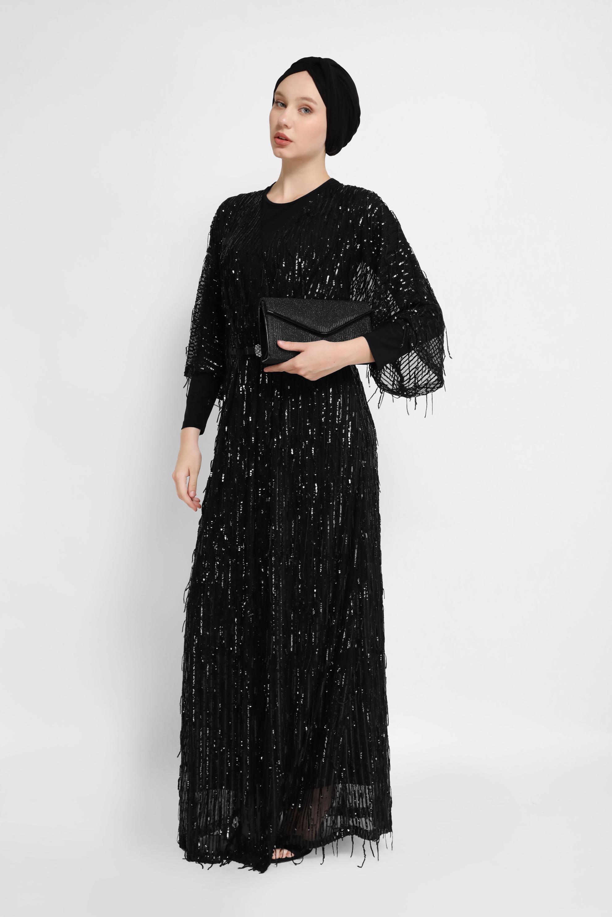 Tesettür giyim SİYAH PULLU İKİLİ ABİYE ELBİSE 50044 