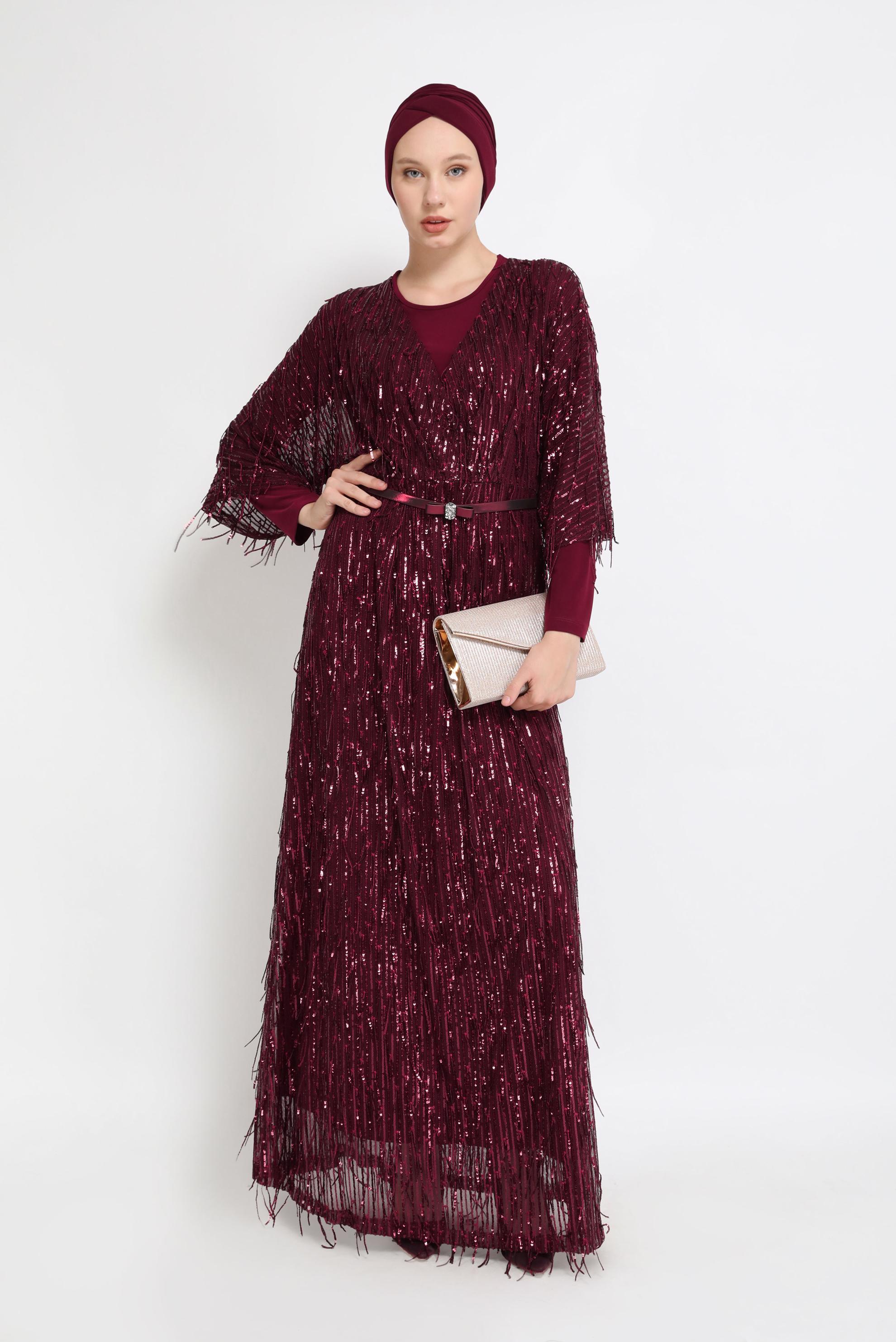 Tesettür giyim BORDO PULLU İKİLİ ABİYE ELBİSE 50044 