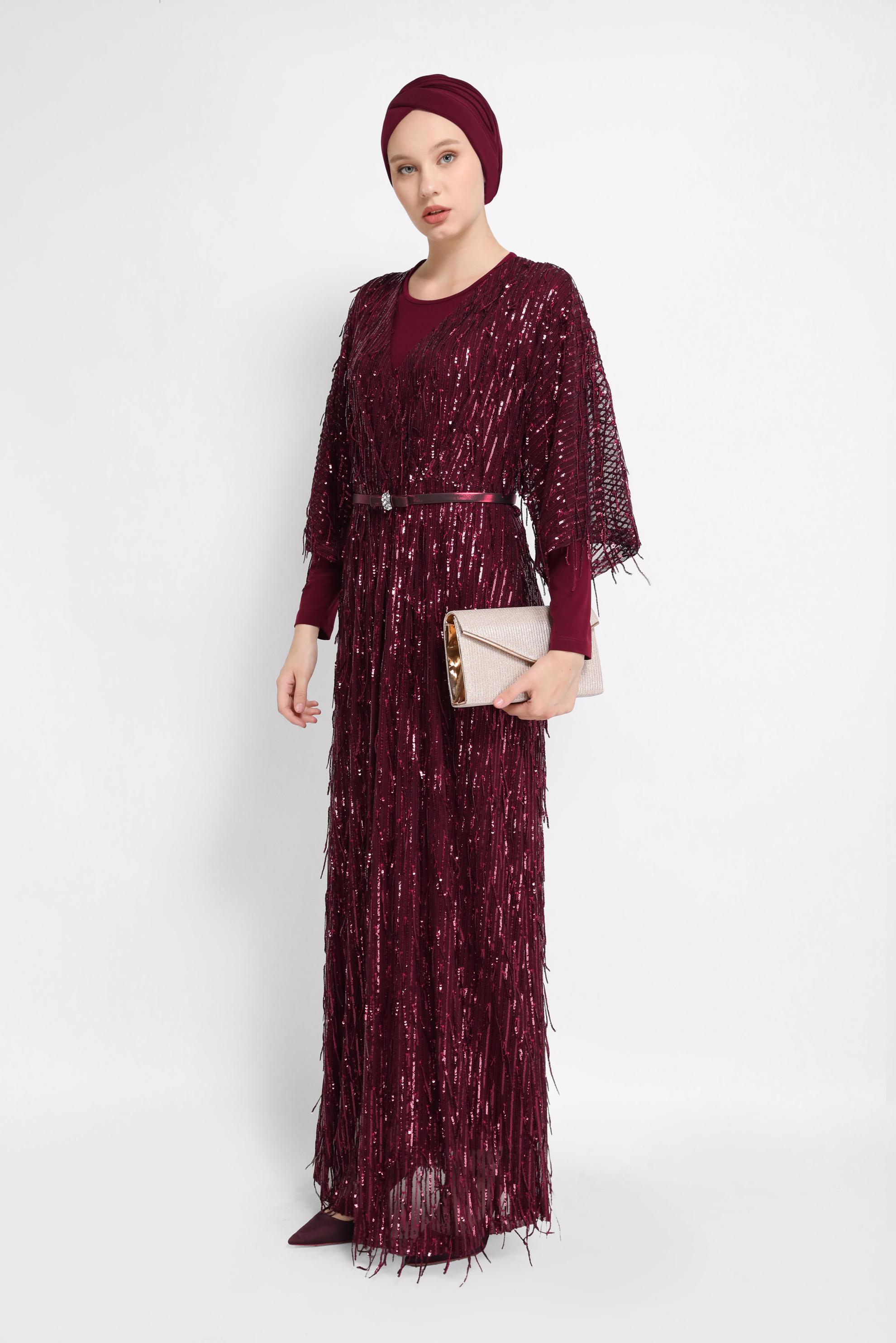 Tesettür giyim BORDO PULLU İKİLİ ABİYE ELBİSE 50044 