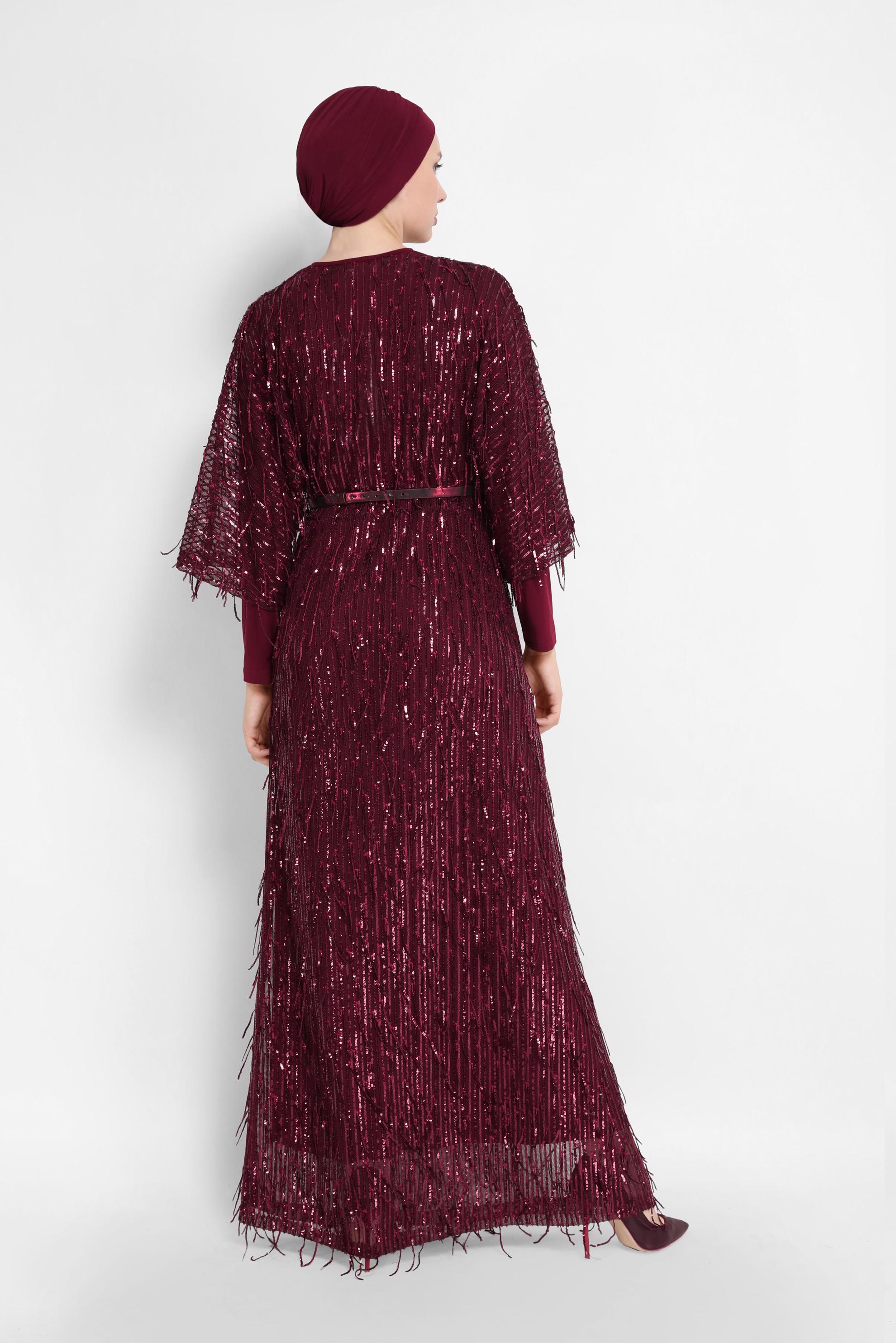 Tesettür giyim BORDO PULLU İKİLİ ABİYE ELBİSE 50044 