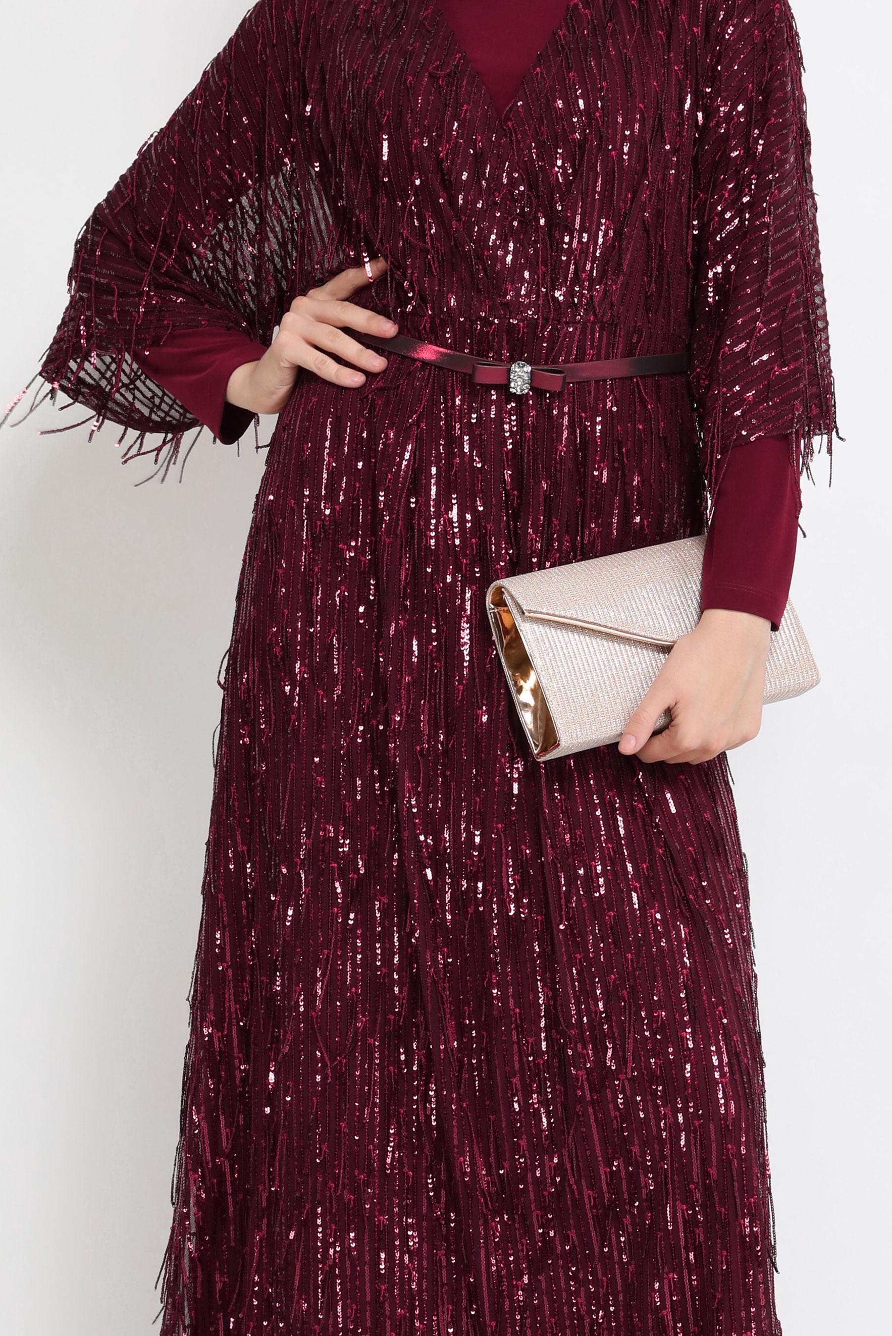 Tesettür giyim BORDO PULLU İKİLİ ABİYE ELBİSE 50044 