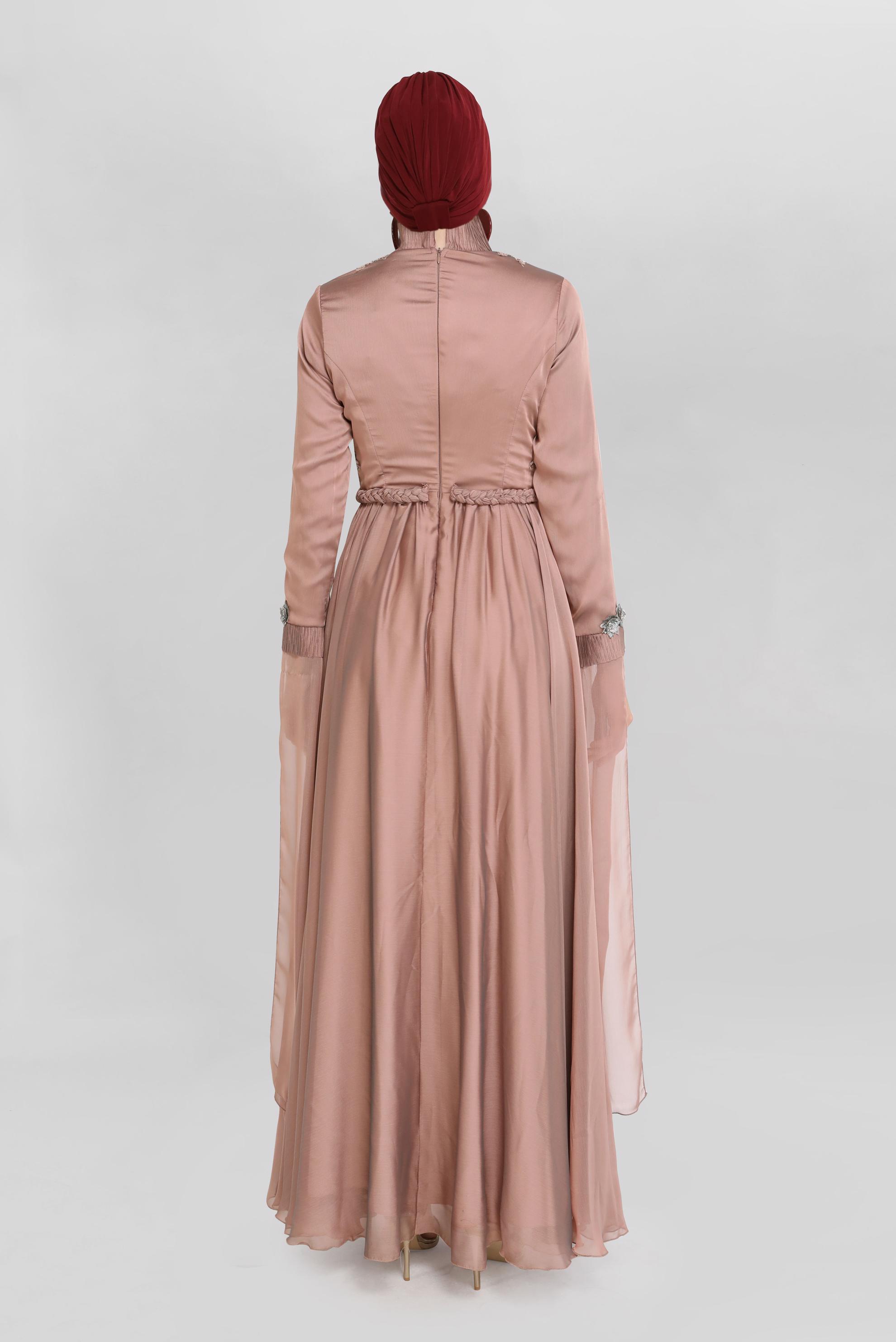 Tesettür giyim PUDRA ÇİÇEK VE TAŞ DETAYLI ABİYE ELBİSE 50057 