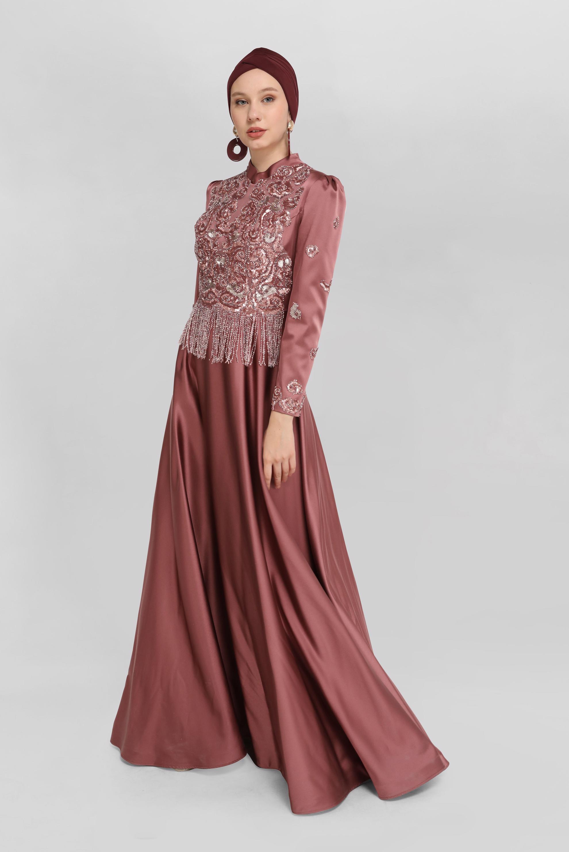 Tesettür giyim TURUNCU TAŞ İŞLEMELİ ABİYE ELBİSE 50059 