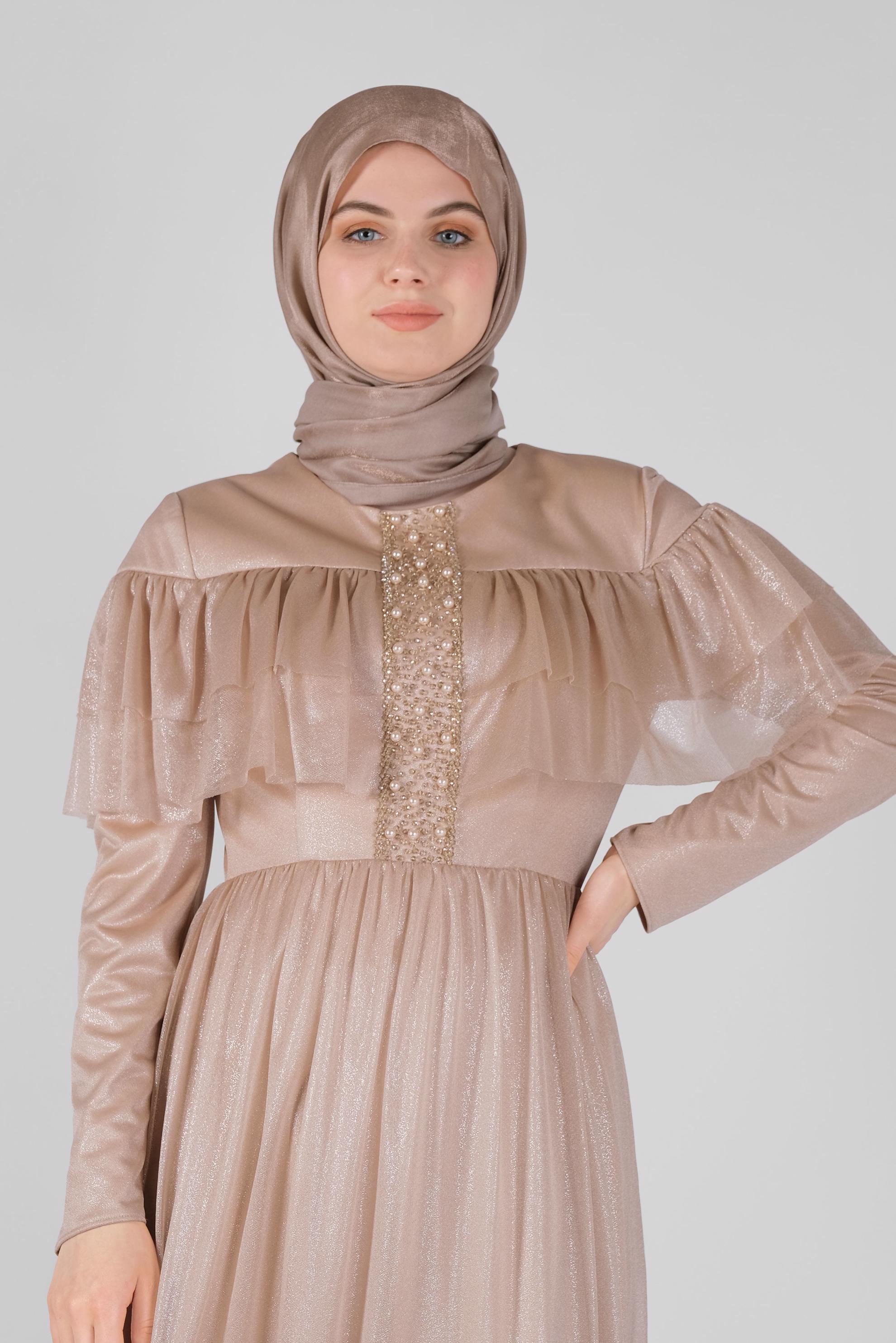 Vêtements hijab BEIGE ROBE DE SOIRÉE BRODÉE DE PERLES 50076 