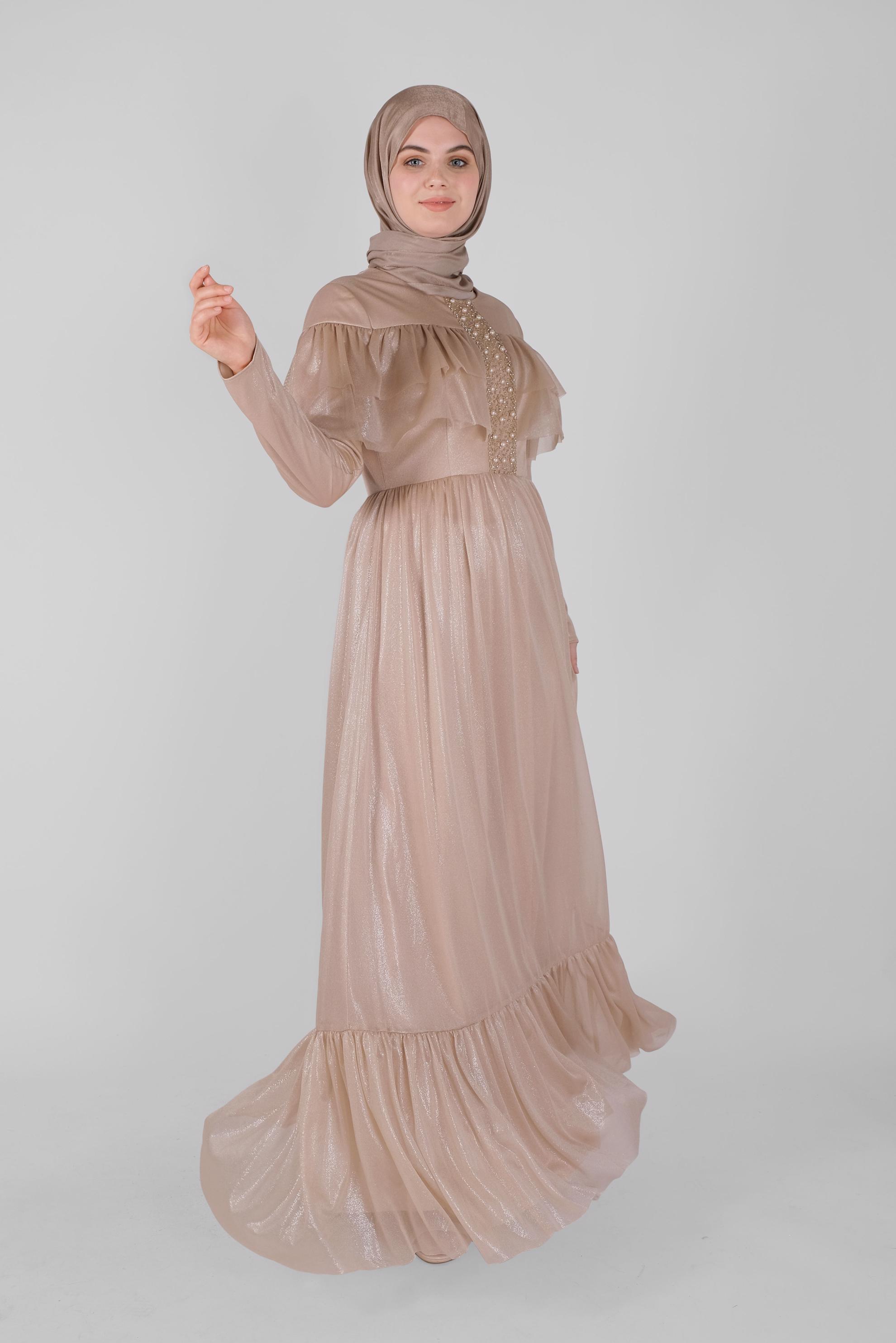Vêtements hijab BEIGE ROBE DE SOIRÉE BRODÉE DE PERLES 50076 