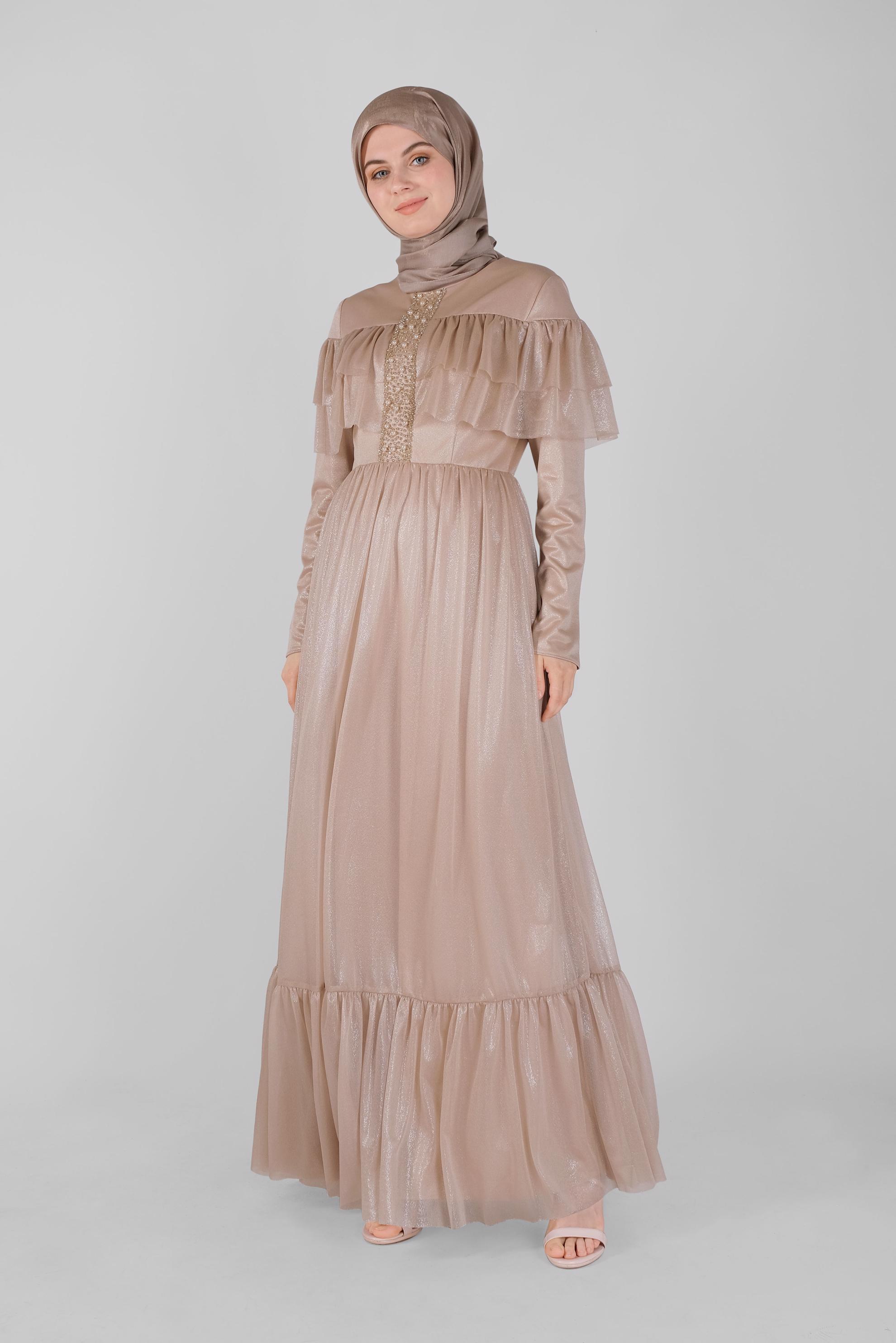 Vêtements hijab BEIGE ROBE DE SOIRÉE BRODÉE DE PERLES 50076 