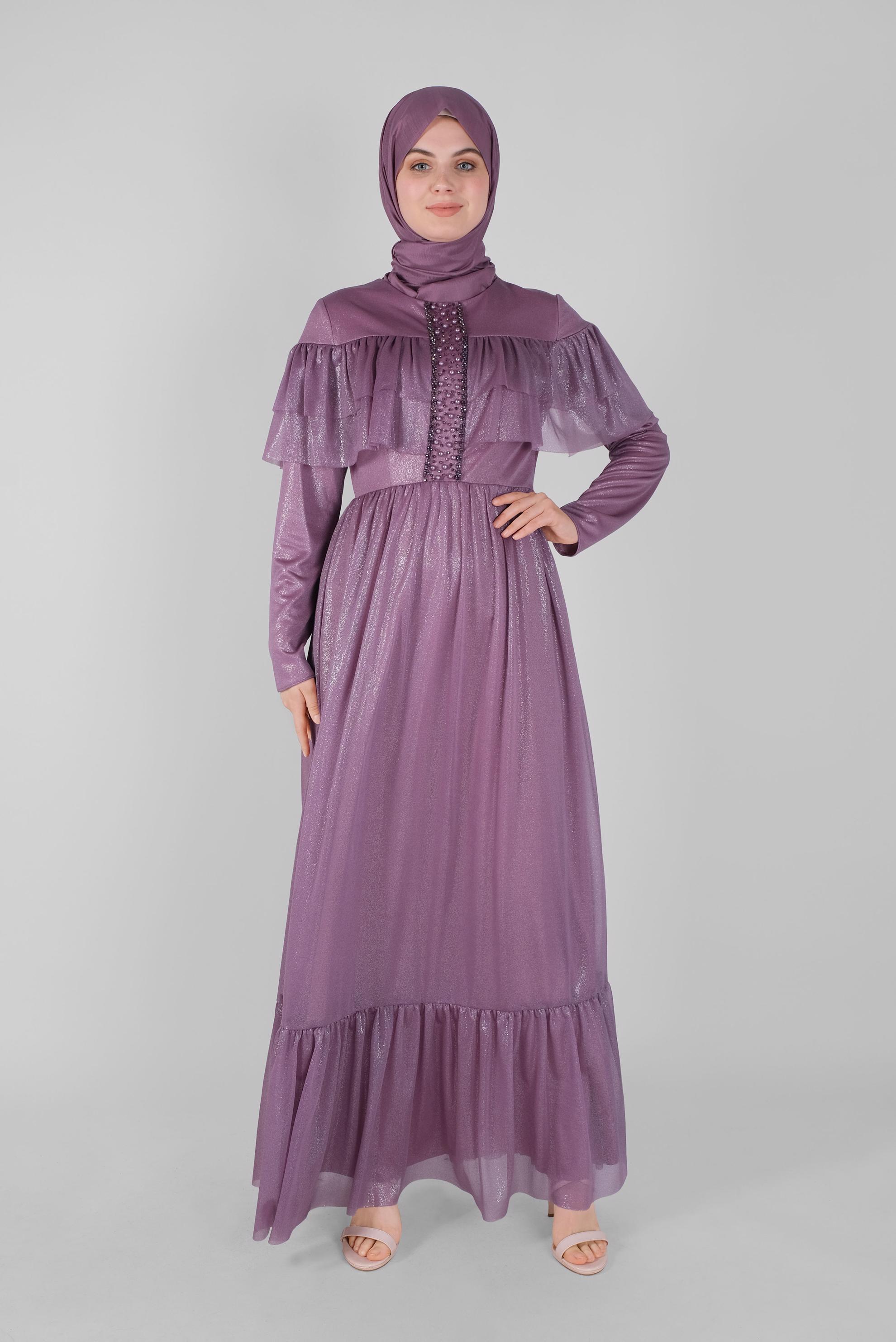 Tesettür giyim MOR TAŞLI BONCUKLU FOİL  ABİYE ELBİSE 50076