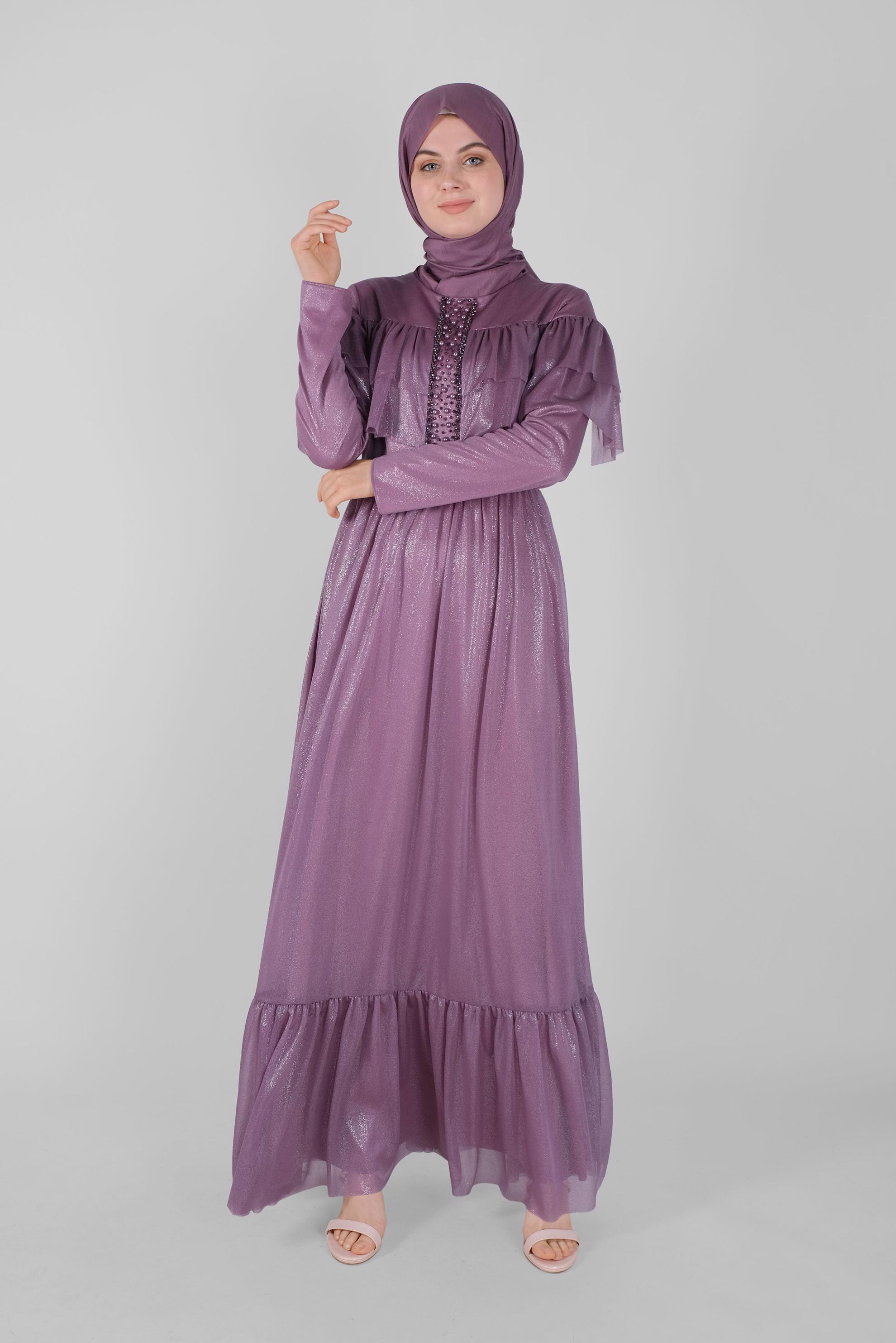 Tesettür giyim MOR TAŞLI BONCUKLU FOİL  ABİYE ELBİSE 50076