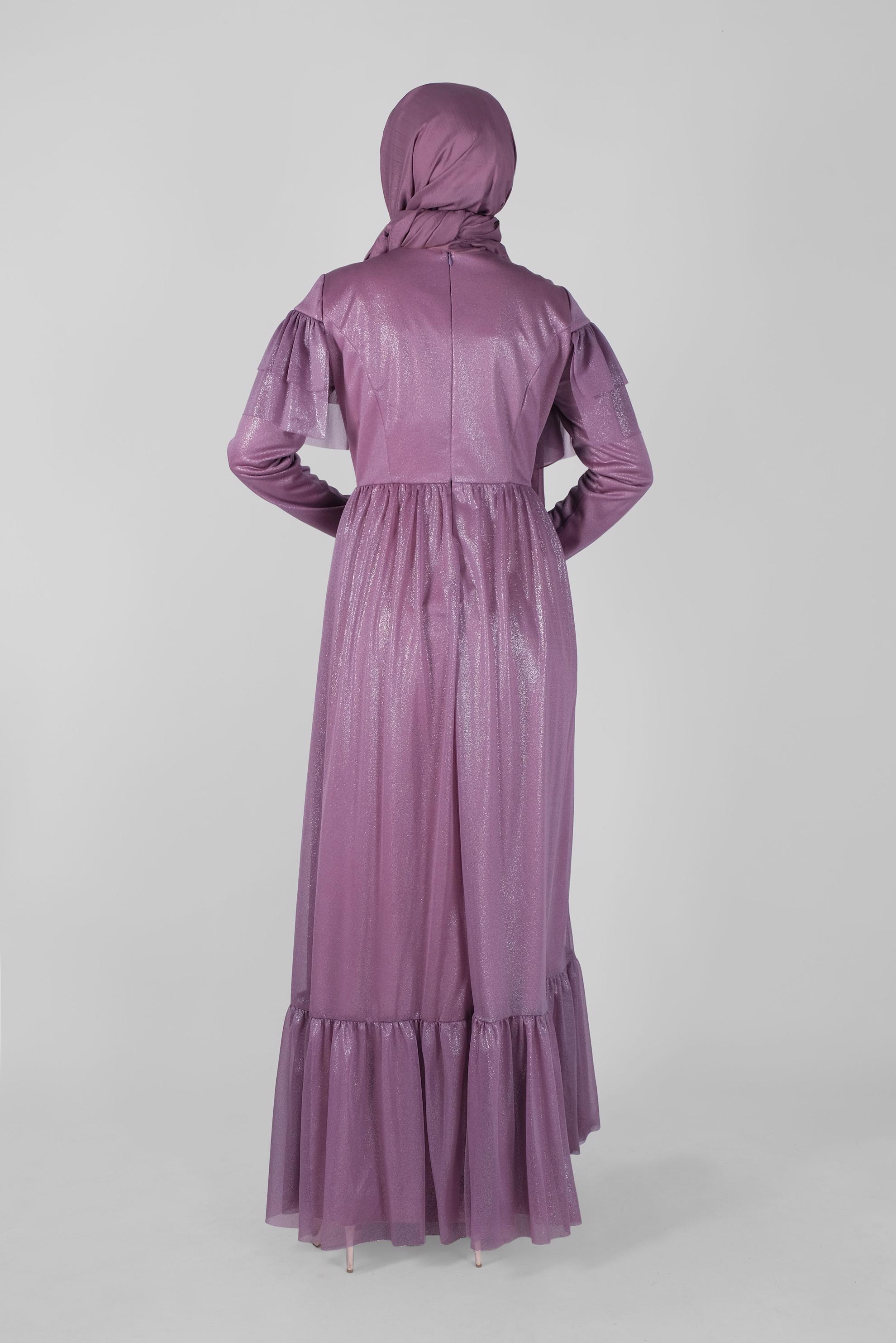 Tesettür giyim MOR TAŞLI BONCUKLU FOİL  ABİYE ELBİSE 50076