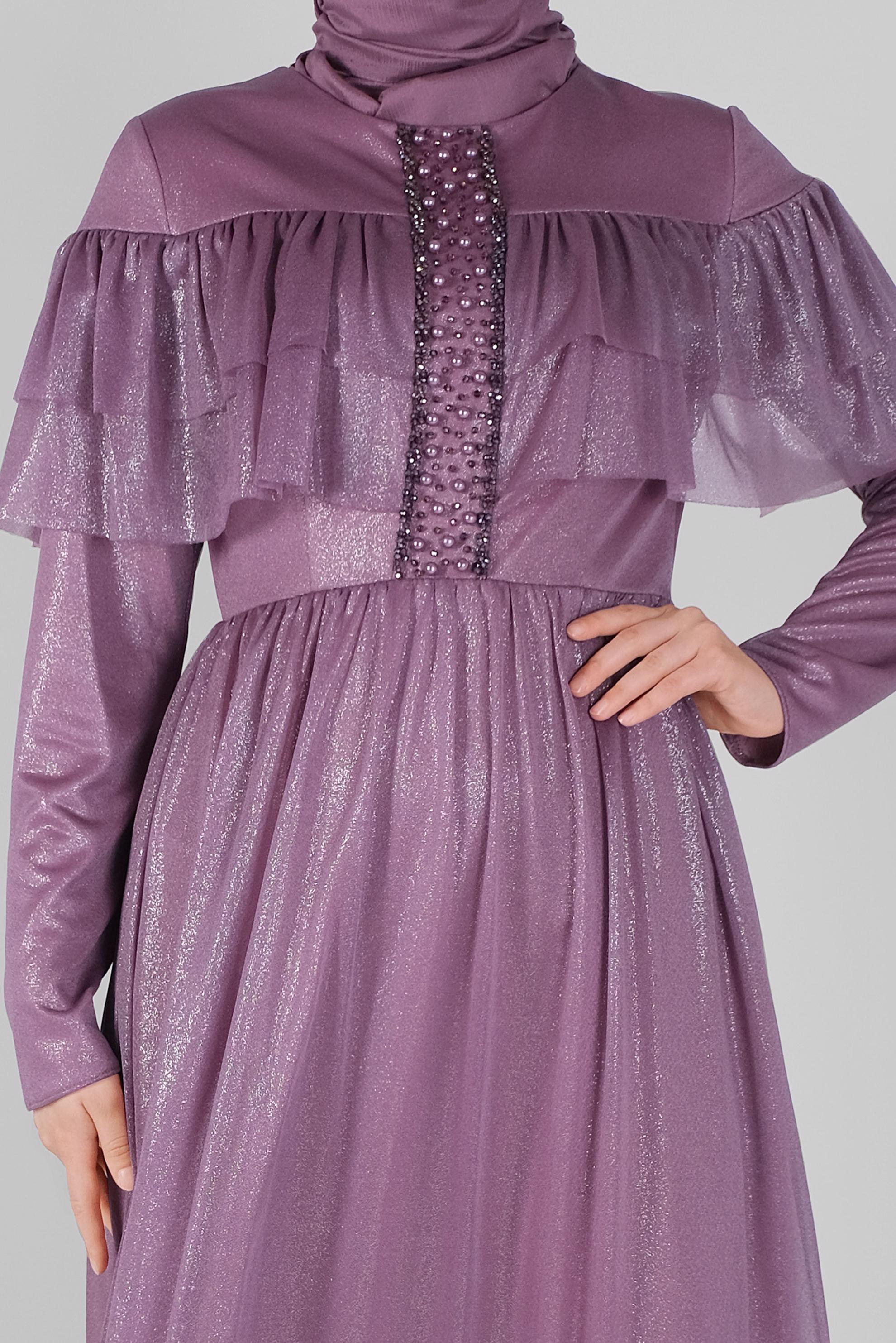Tesettür giyim MOR TAŞLI BONCUKLU FOİL  ABİYE ELBİSE 50076