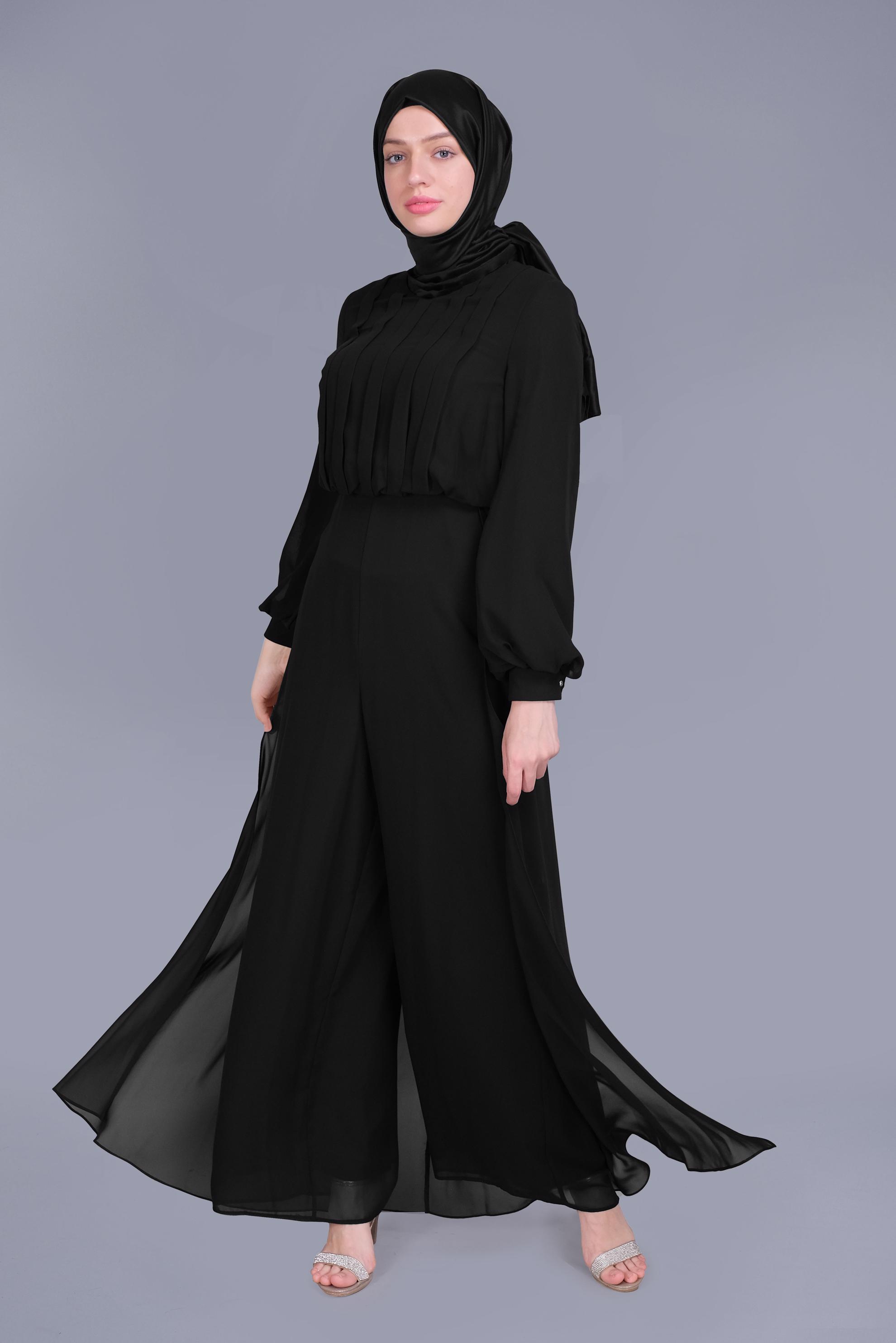 Tesettür giyim SİYAH ŞİFON  PİLİSE DETAYLI  ŞİFON TULUM 50077 