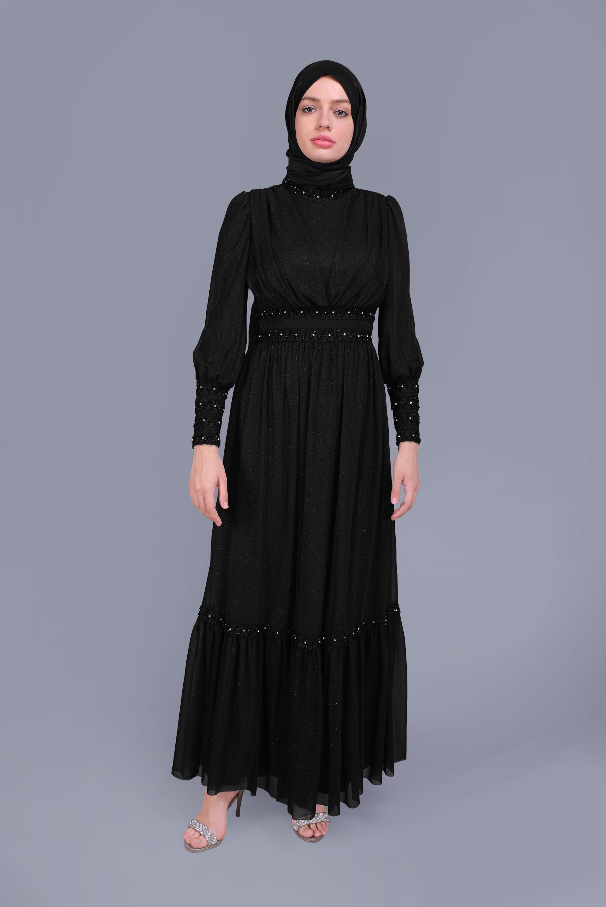 Tesettür giyim SİYAH TAŞ İŞLEMELİ SİMLİ ABİYE ELBİSE  50078 