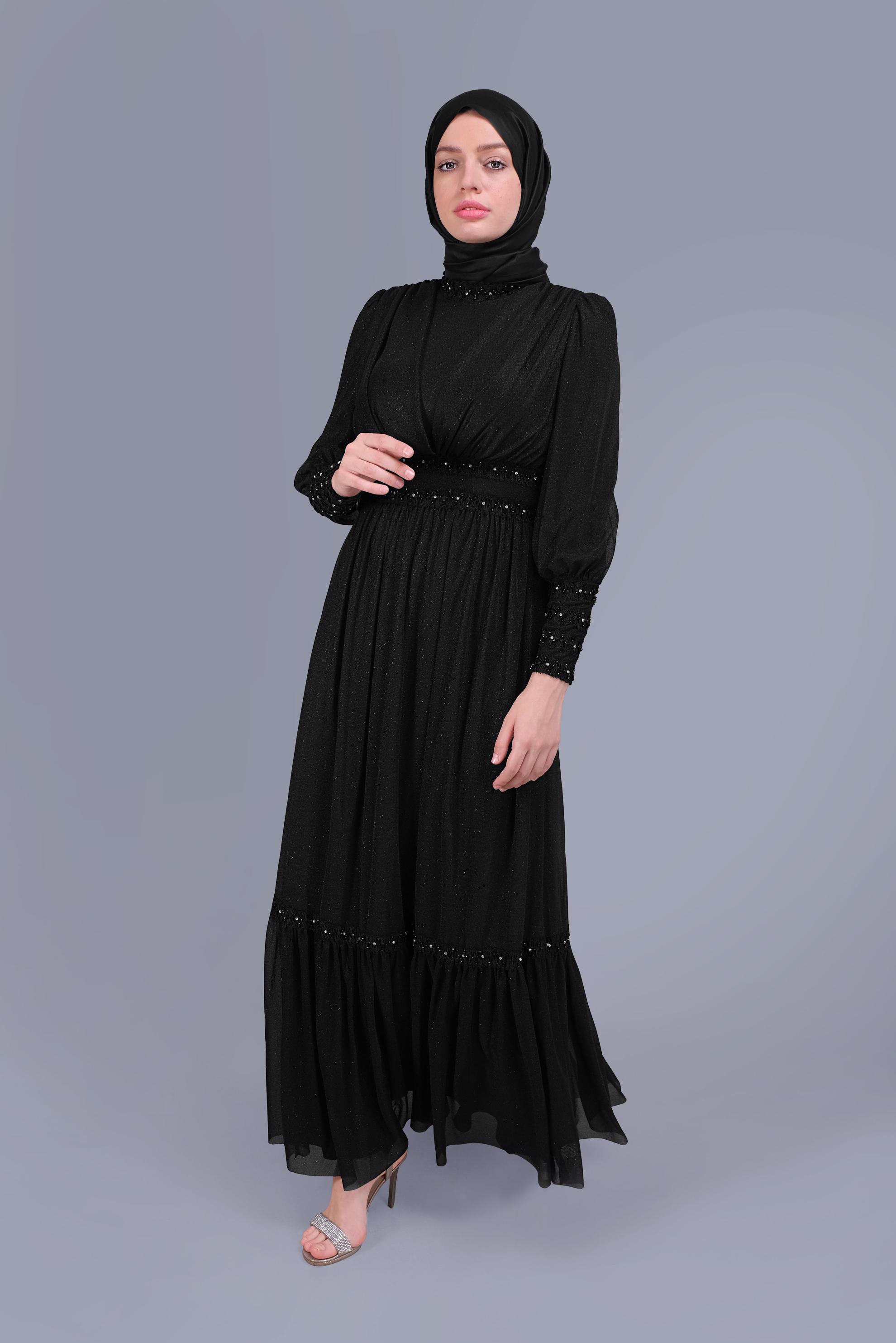Tesettür giyim SİYAH TAŞ İŞLEMELİ SİMLİ ABİYE ELBİSE  50078 