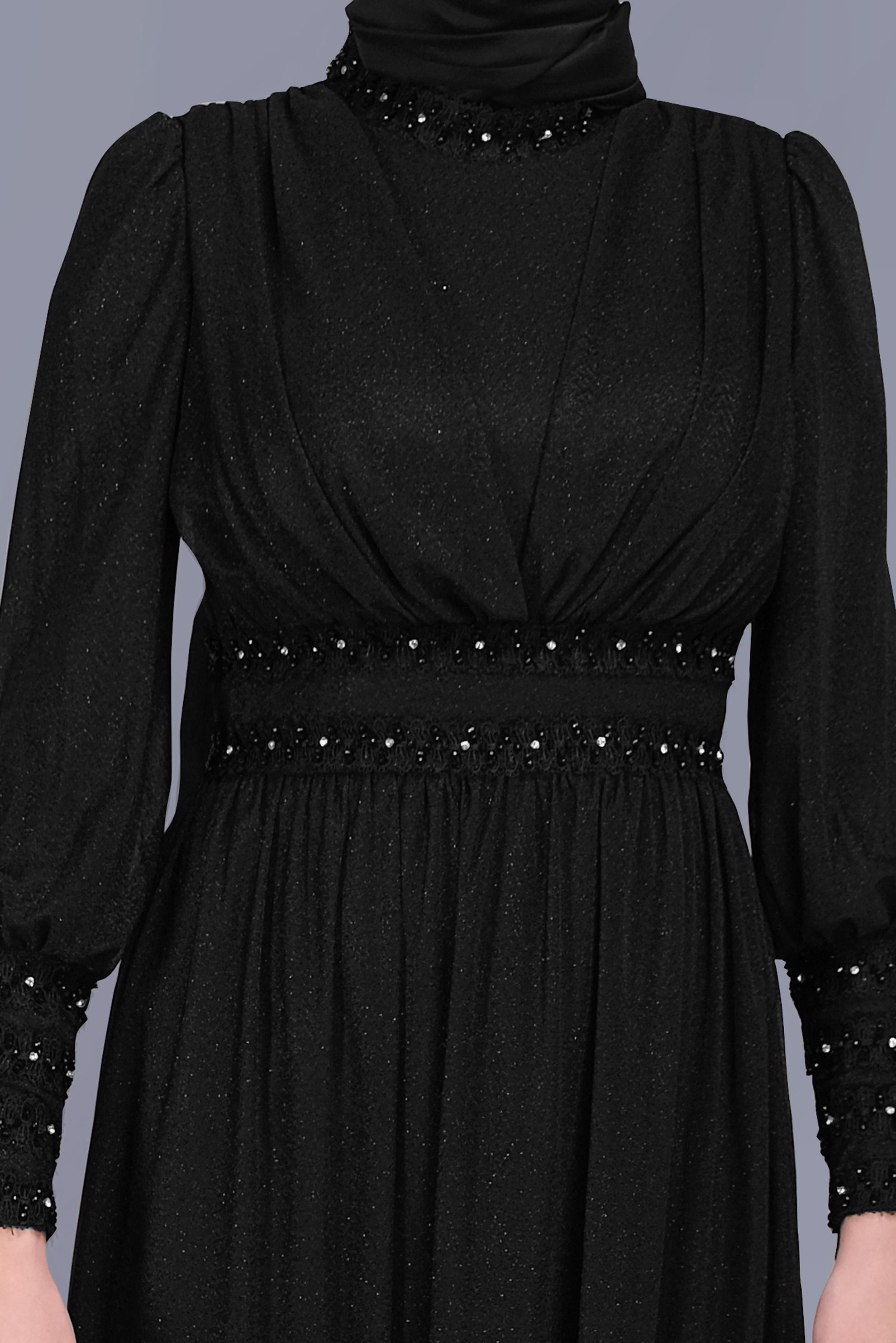 Tesettür giyim SİYAH TAŞ İŞLEMELİ SİMLİ ABİYE ELBİSE  50078 