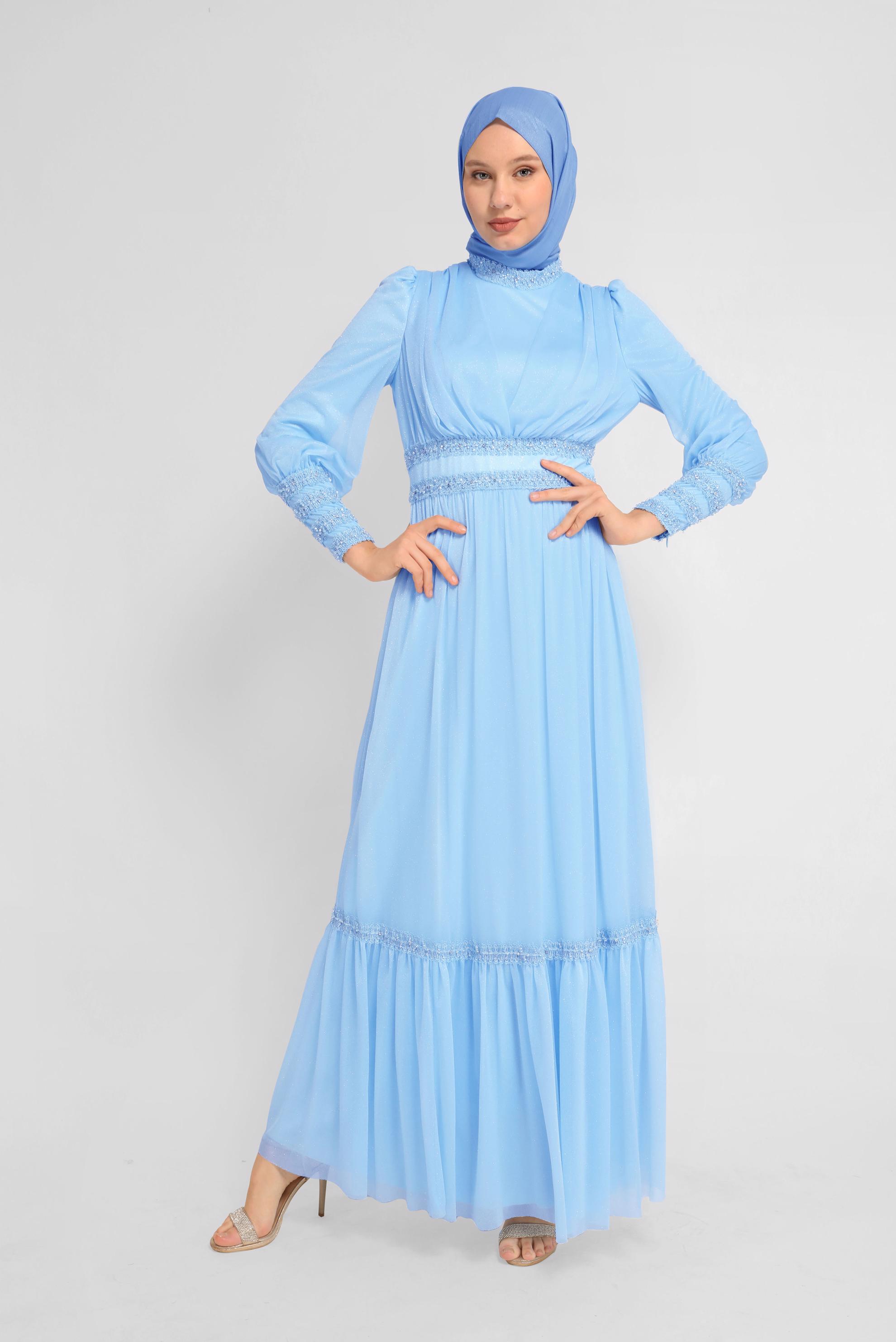 Tesettür giyim MAVİ TAŞ İŞLEMELİ SİMLİ ABİYE ELBİSE  50078 