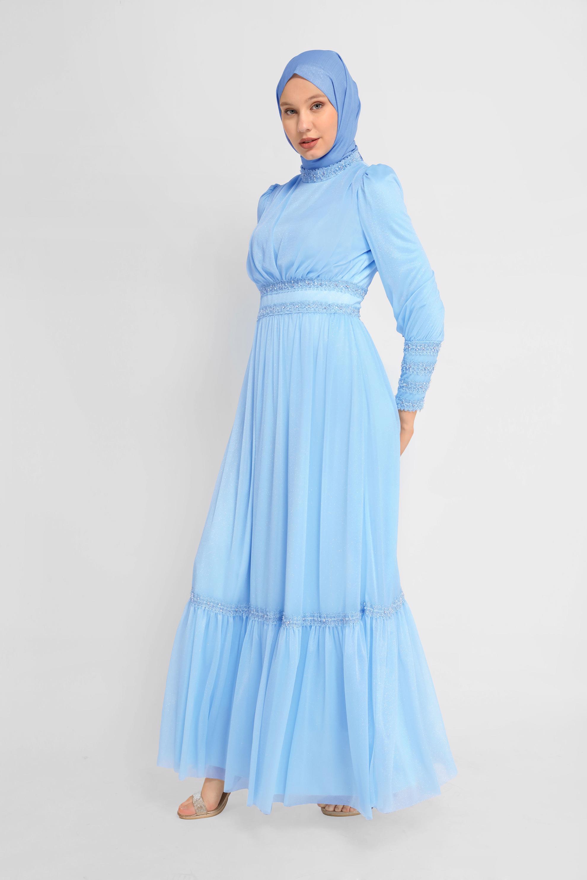 Tesettür giyim MAVİ TAŞ İŞLEMELİ SİMLİ ABİYE ELBİSE  50078 