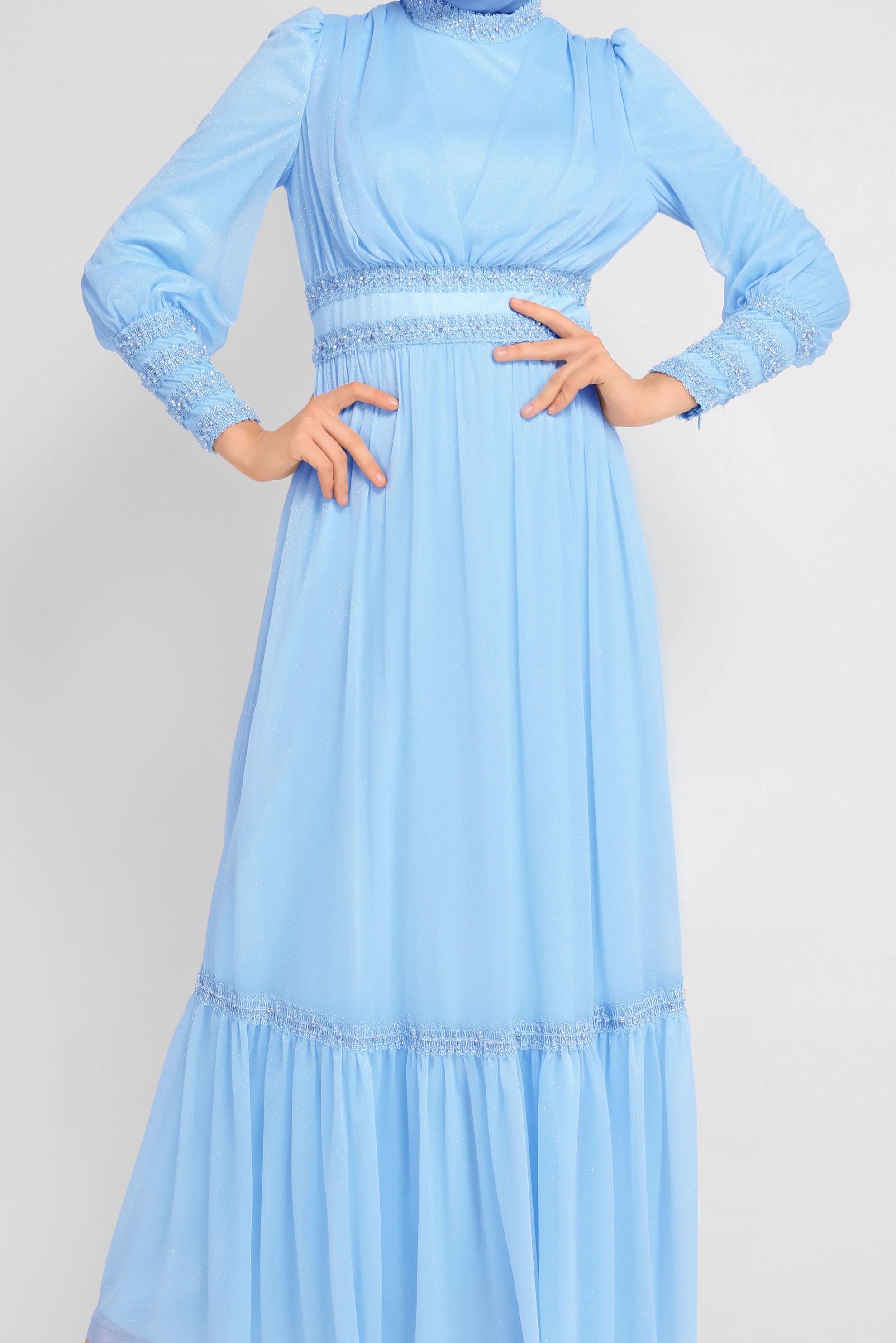 Tesettür giyim MAVİ TAŞ İŞLEMELİ SİMLİ ABİYE ELBİSE  50078 