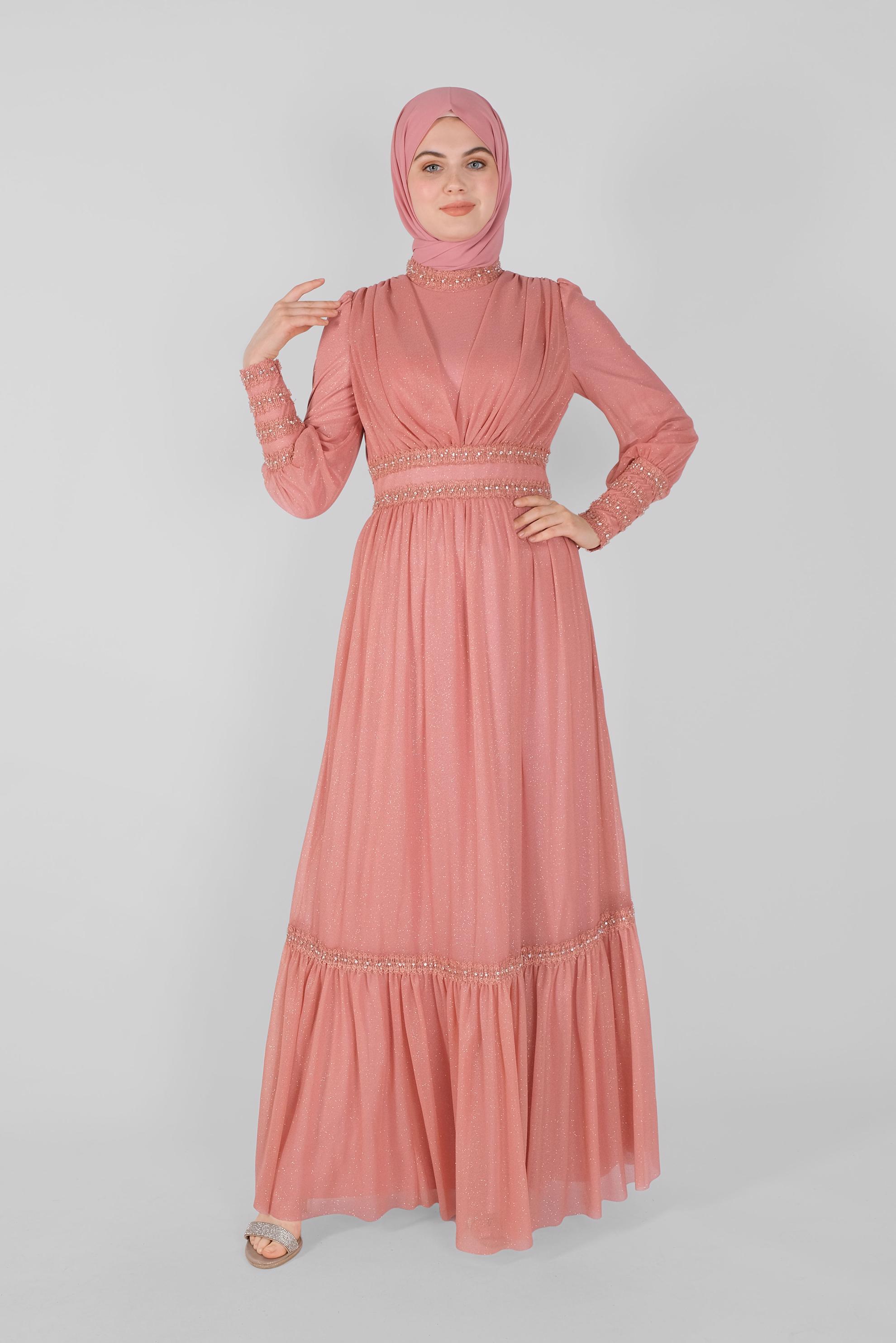 Tesettür giyim PUDRA TAŞ İŞLEMELİ SİMLİ ABİYE ELBİSE  50078 