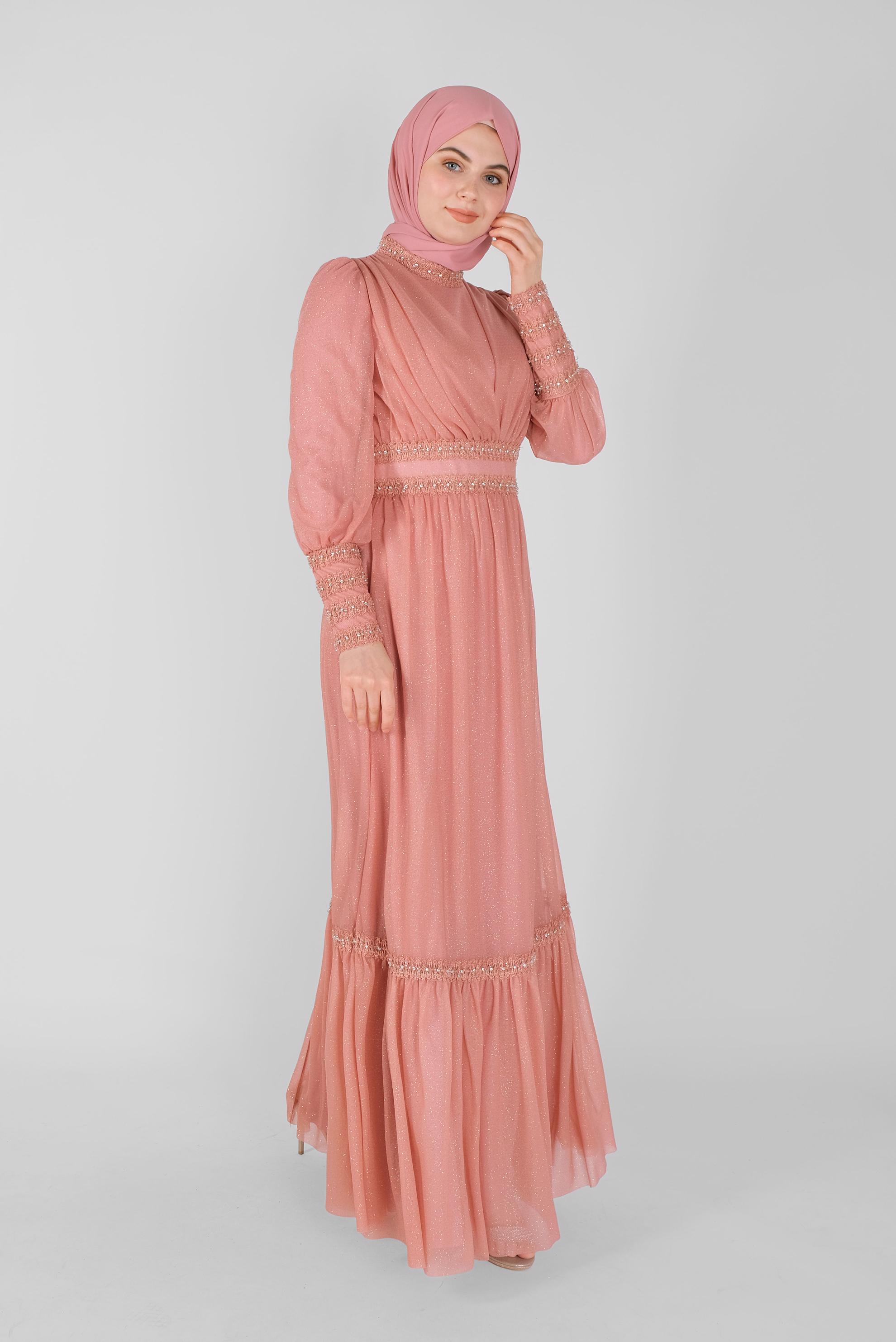 Tesettür giyim PUDRA TAŞ İŞLEMELİ SİMLİ ABİYE ELBİSE  50078 