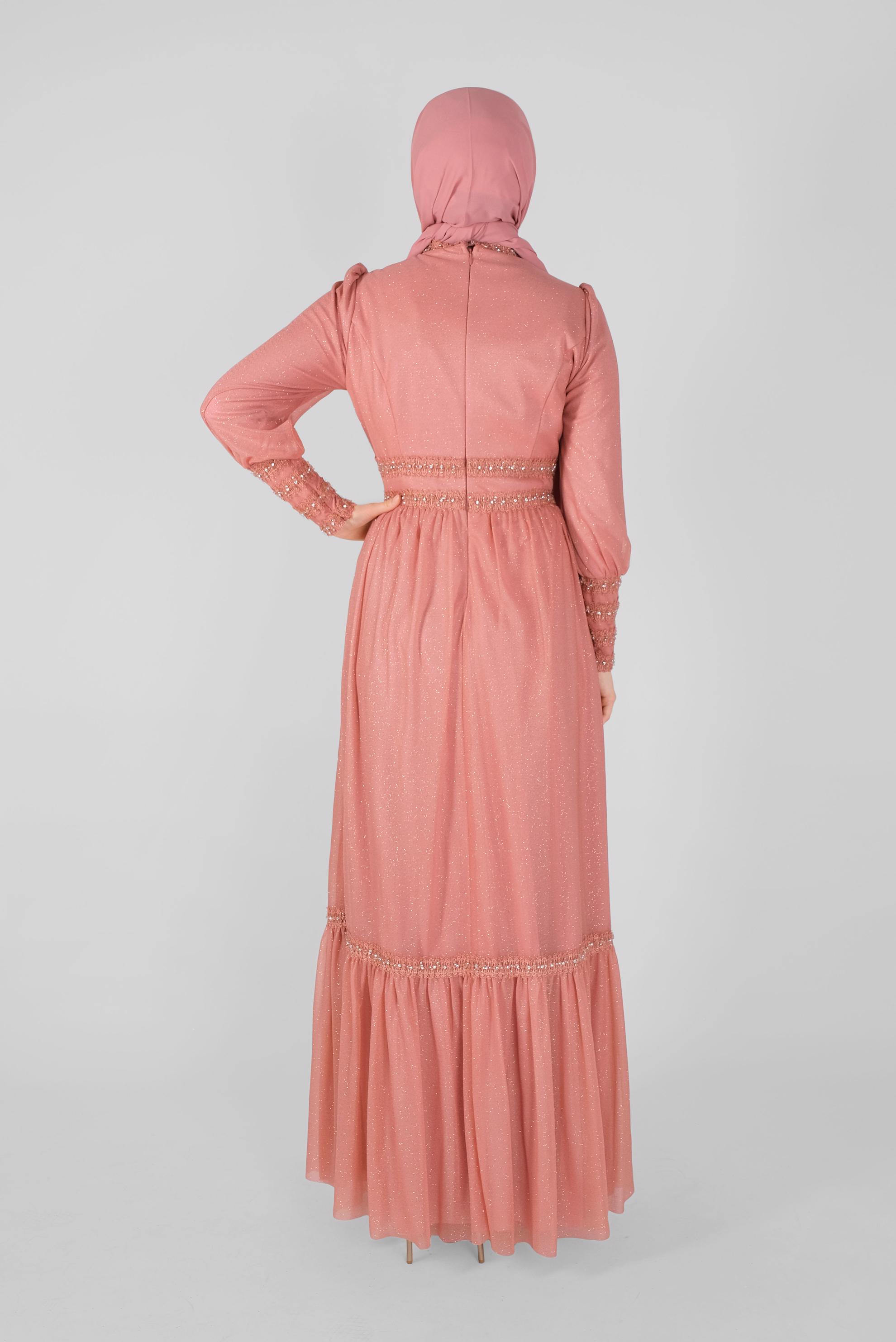 Tesettür giyim PUDRA TAŞ İŞLEMELİ SİMLİ ABİYE ELBİSE  50078 