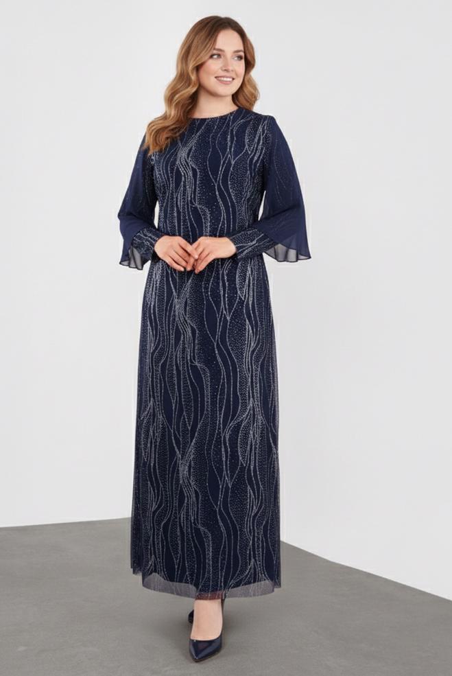 Hijab clothing NAVY BLUE SPARKLY CHIFFON EVENING DRESS 5527 - ALVİNA