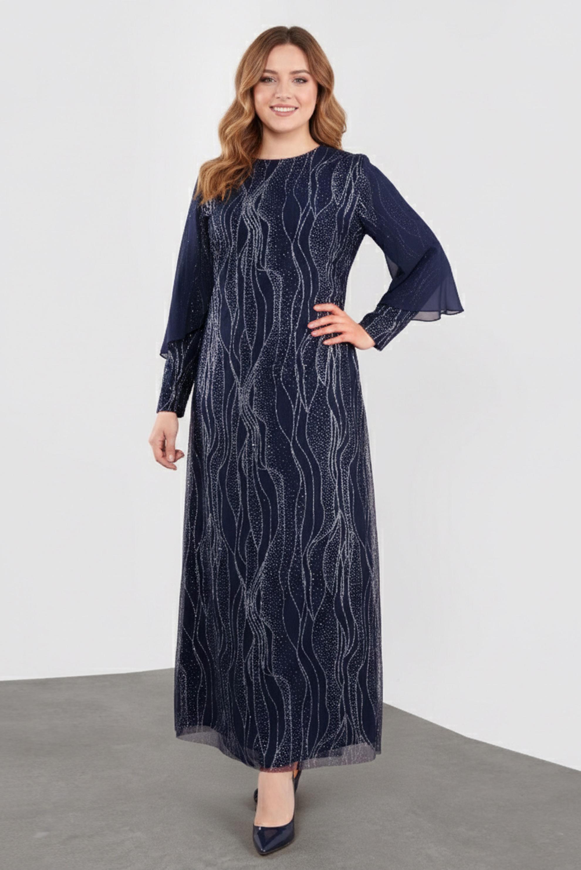 Tesettür giyim LACİVERT SİMLİ ŞİFON ABİYE ELBİSE 5527