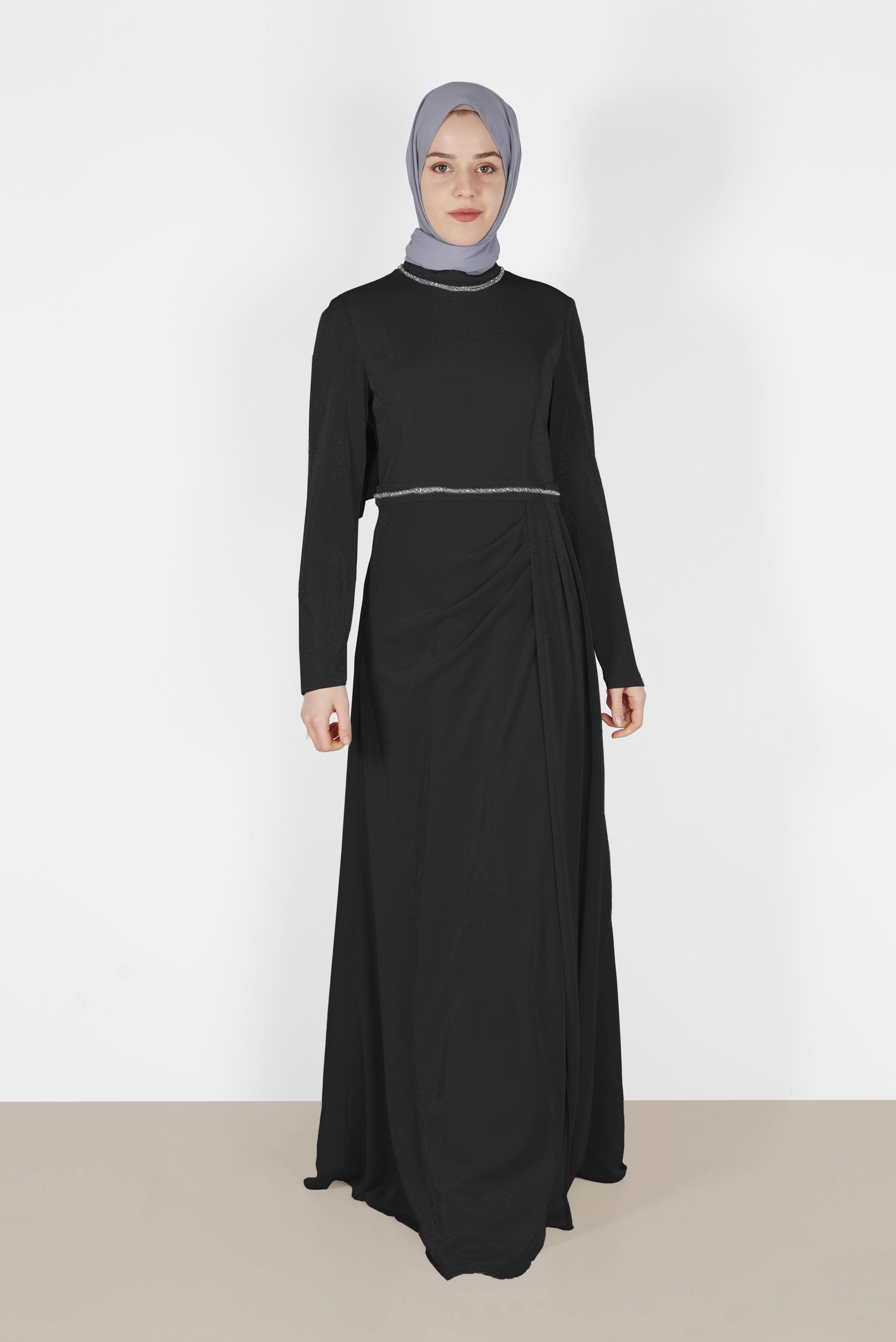 Tesettür giyim SİYAH PİLE DETAYLI SİMLİ ABİYE ELBİSE 5572