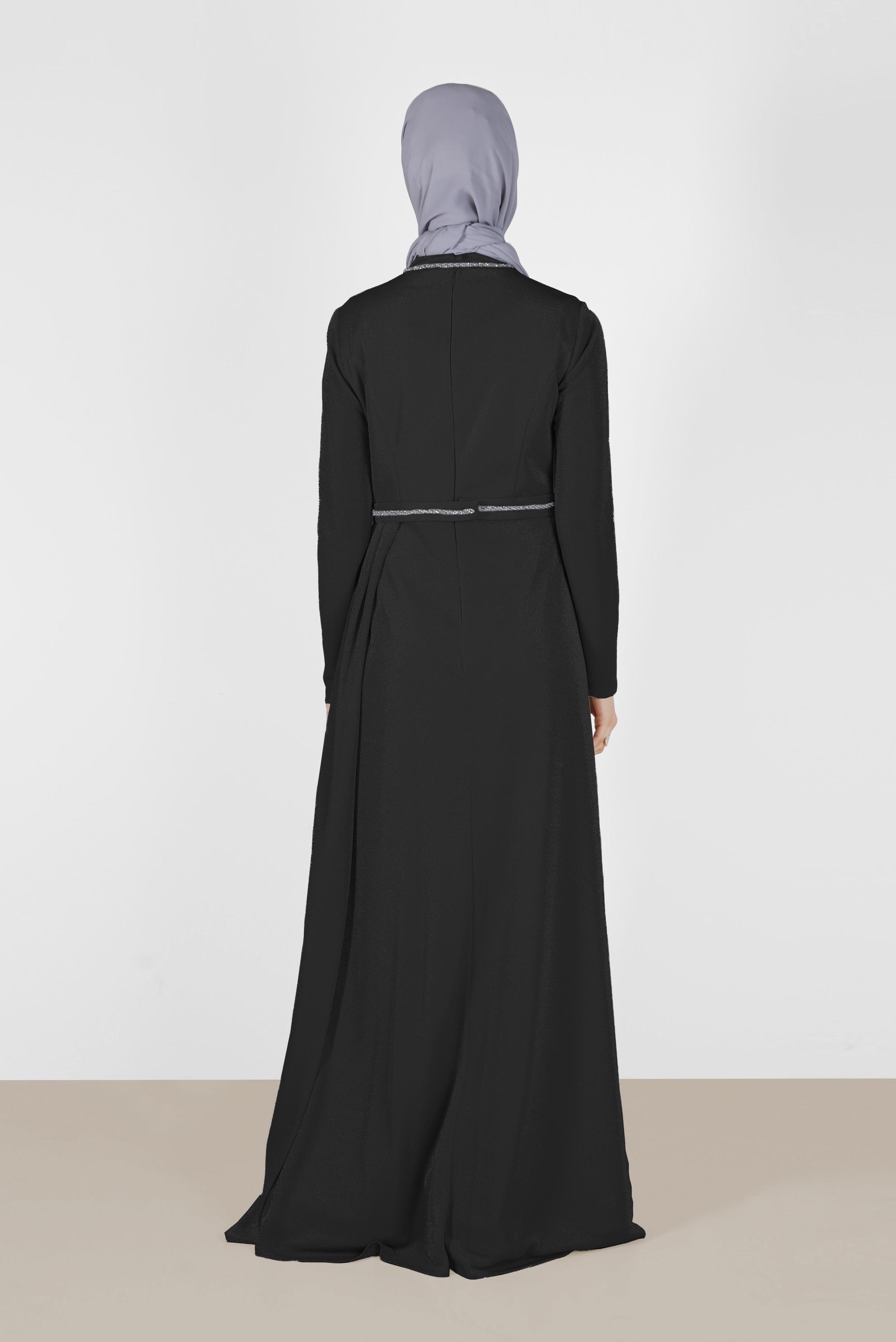 Tesettür giyim SİYAH PİLE DETAYLI SİMLİ ABİYE ELBİSE 5572