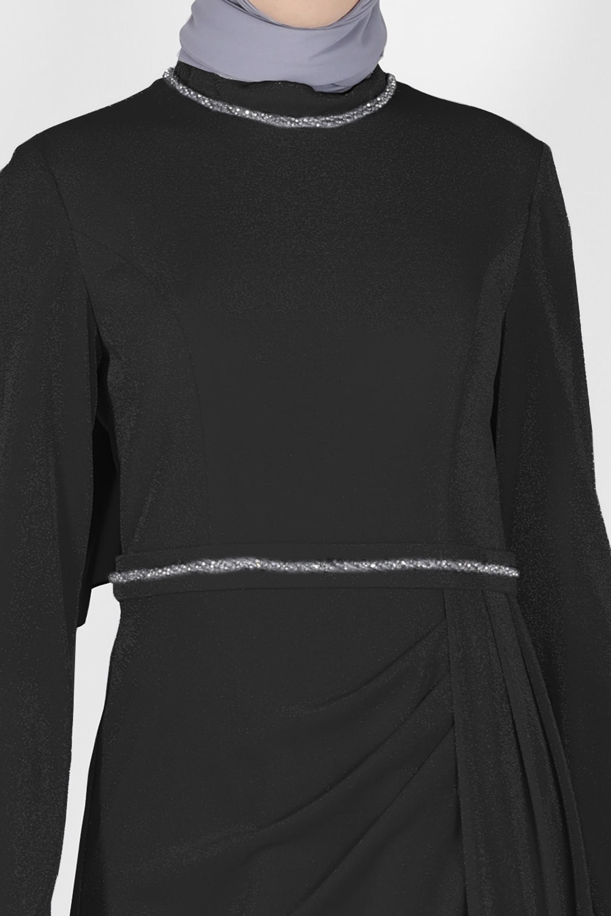 Tesettür giyim SİYAH PİLE DETAYLI SİMLİ ABİYE ELBİSE 5572