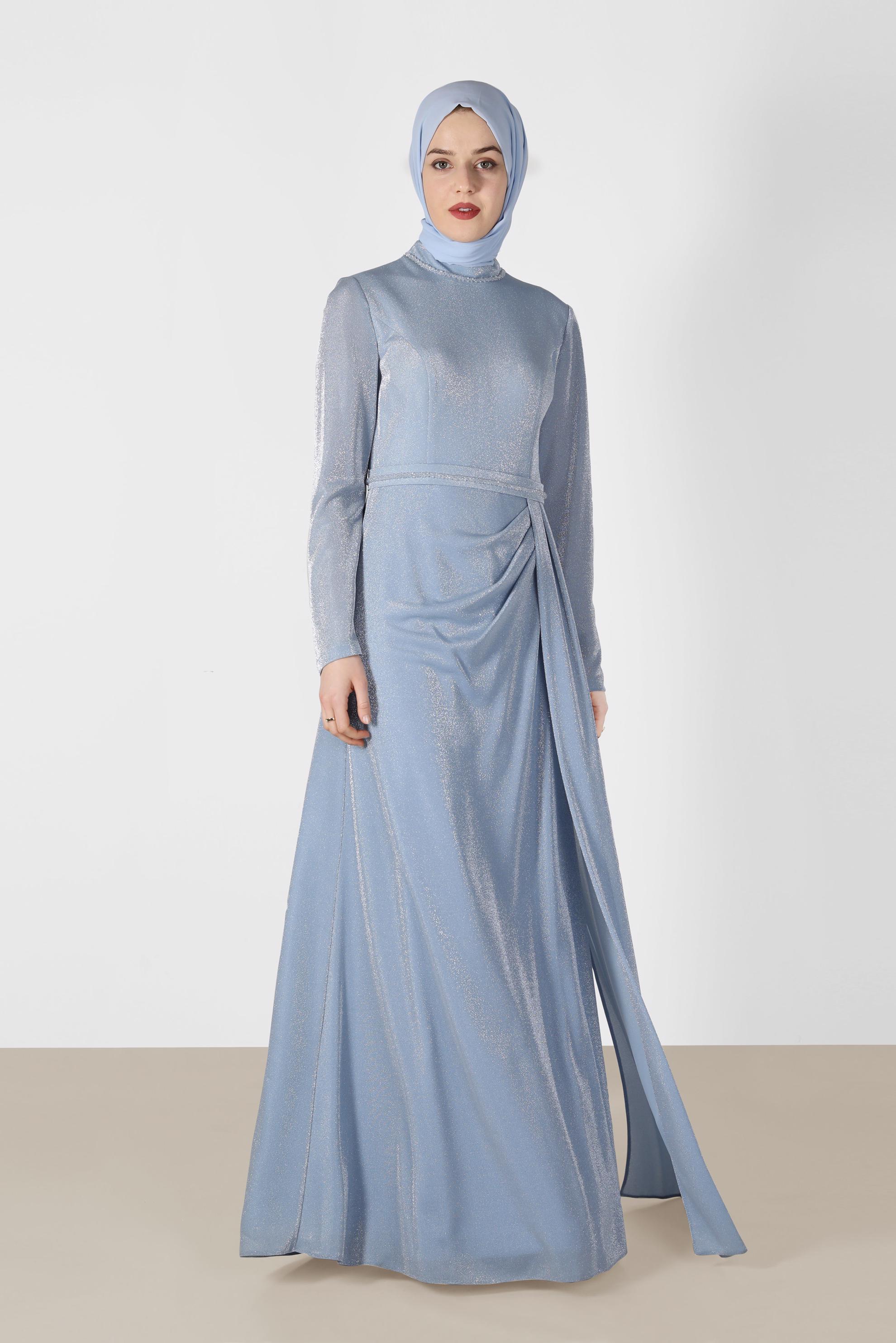 Tesettür giyim MAVİ PİLE DETAYLI SİMLİ ABİYE ELBİSE 5572