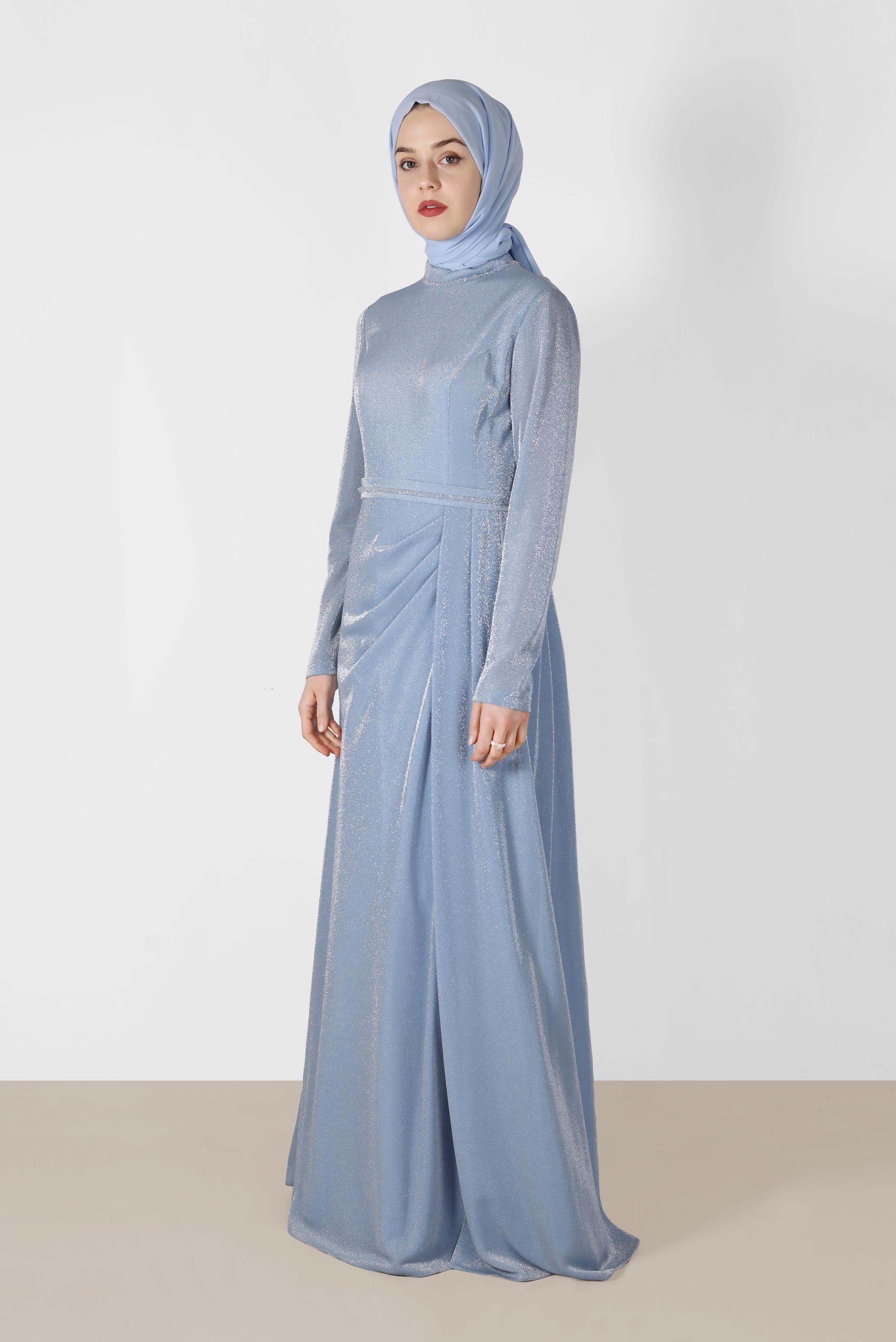 Tesettür giyim MAVİ PİLE DETAYLI SİMLİ ABİYE ELBİSE 5572