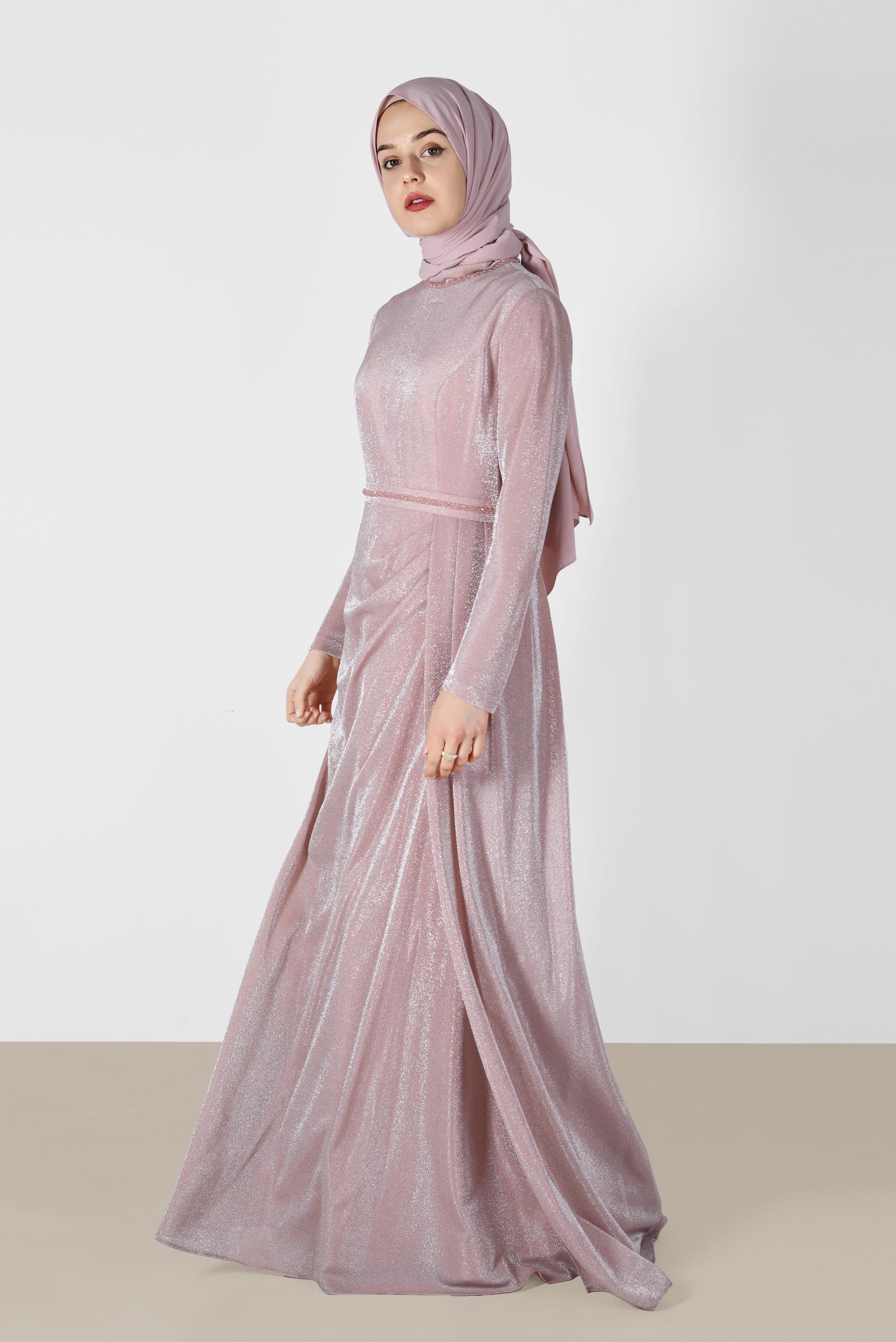 Tesettür giyim PUDRA PİLE DETAYLI SİMLİ ABİYE ELBİSE 5572