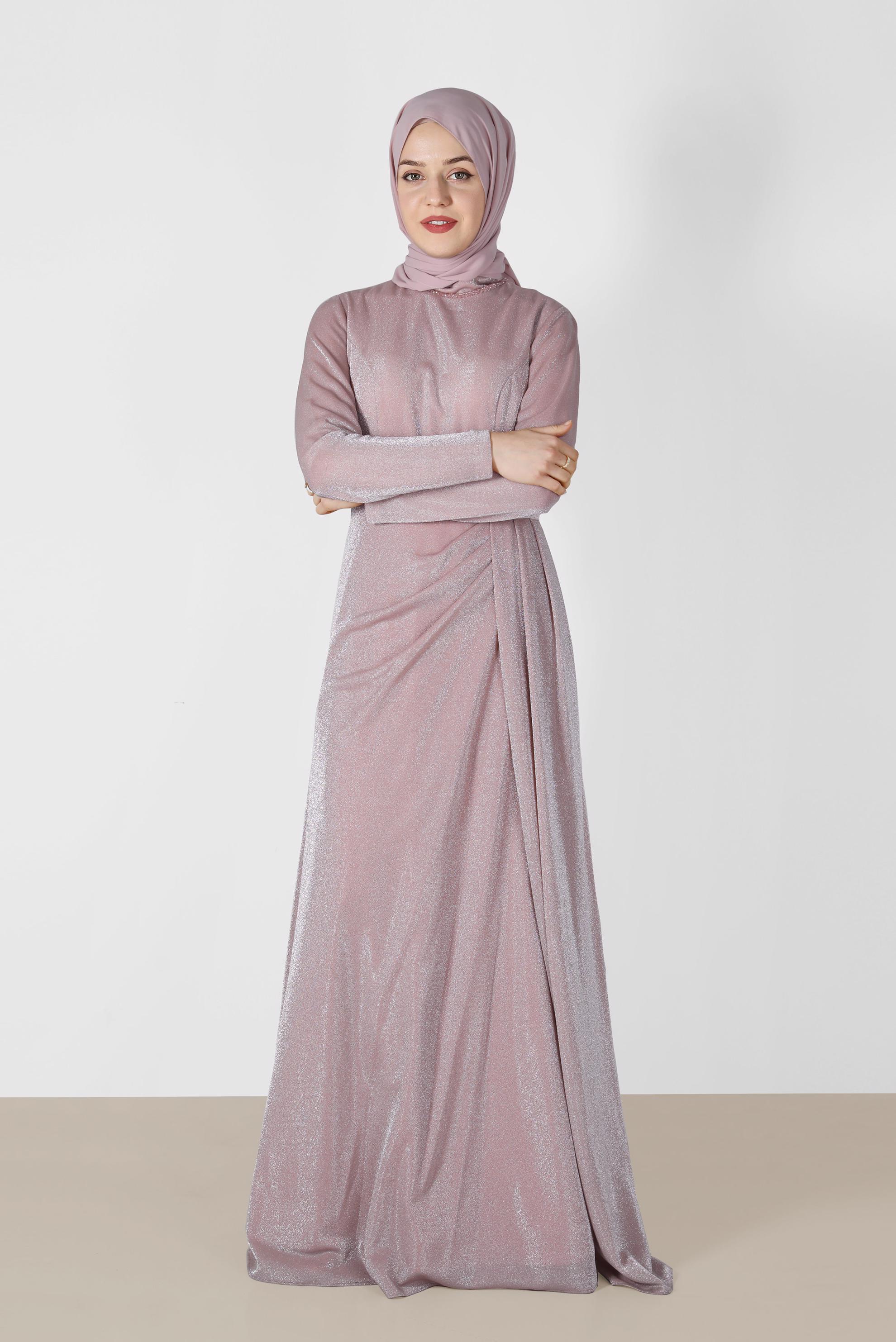 Tesettür giyim PUDRA PİLE DETAYLI SİMLİ ABİYE ELBİSE 5572