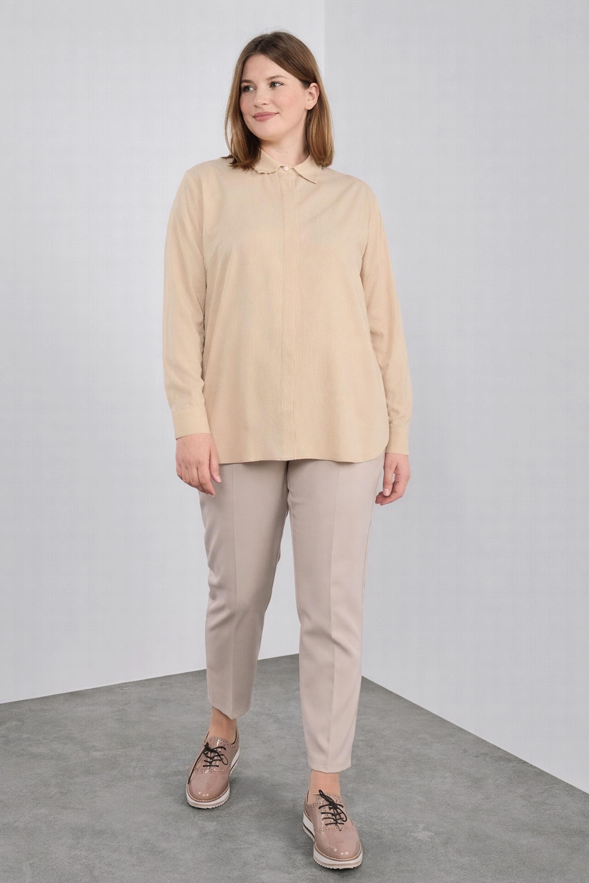 Tesettür giyim BEJ GİZLİ DÜĞMELİ BLUZ 20038 