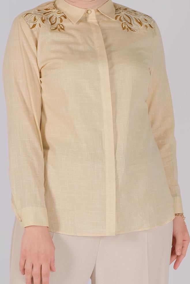 Vêtements hijab BRUN CHEMISIER EN COTON BRODÉ 20048  - ALVİNA