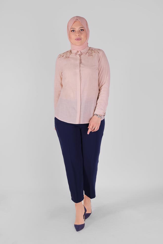 Vêtements hijab POUDRE CHEMISIER EN COTON BRODÉ 20048  - ALVİNA