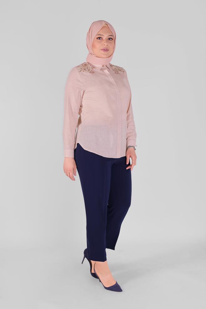 Vêtements hijab POUDRE CHEMISIER EN COTON BRODÉ 20048  - ALVİNA
