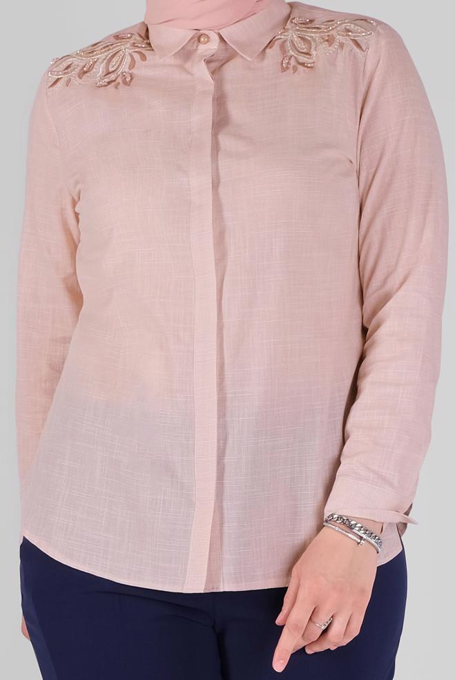 Vêtements hijab POUDRE CHEMISIER EN COTON BRODÉ 20048  - ALVİNA