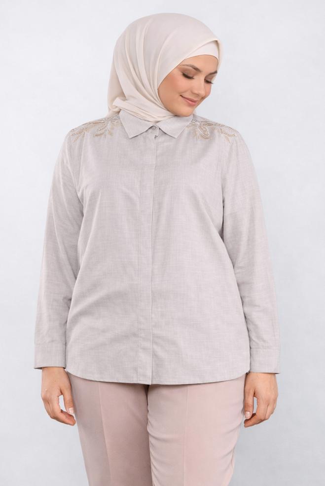 Hijab clothing BEIGE EMBELLISHED COTTON BLOUSE 20048  - ALVİNA